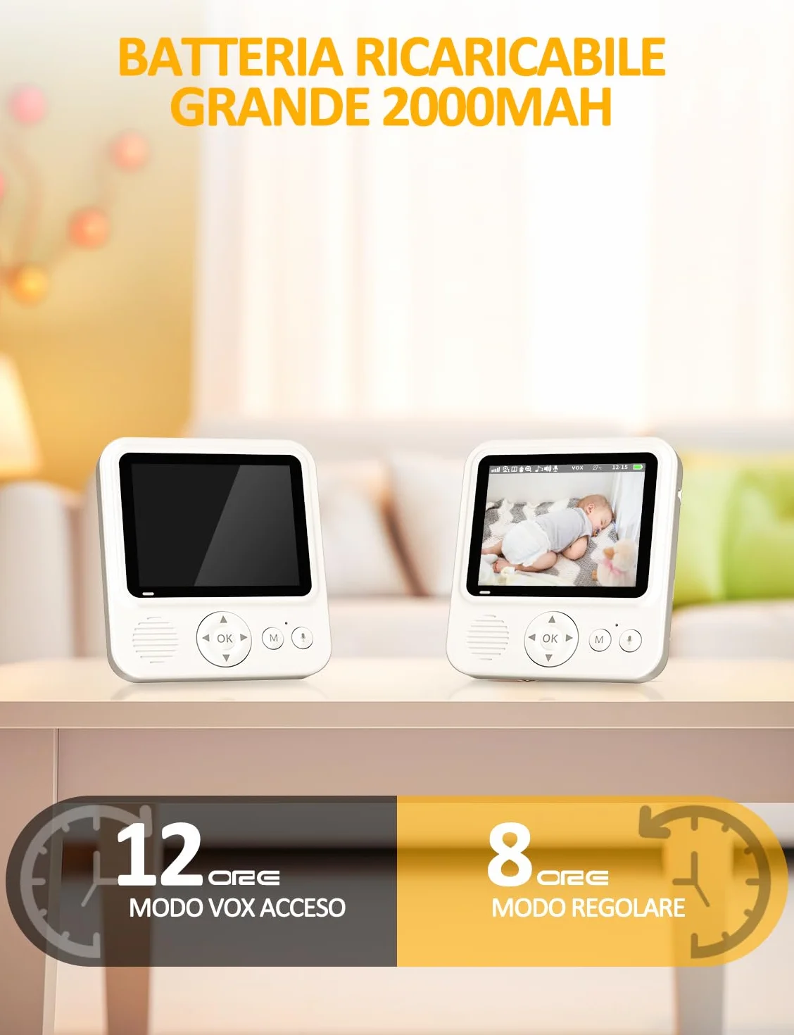 Baby Monitor con Telecamera 2,8 Pollici 720P Babyphone Camera Zoom USB-C VOX Visione Notturna Comunicazione Bidirezionale Sensore di Temperatura 8 Ninne Nanne