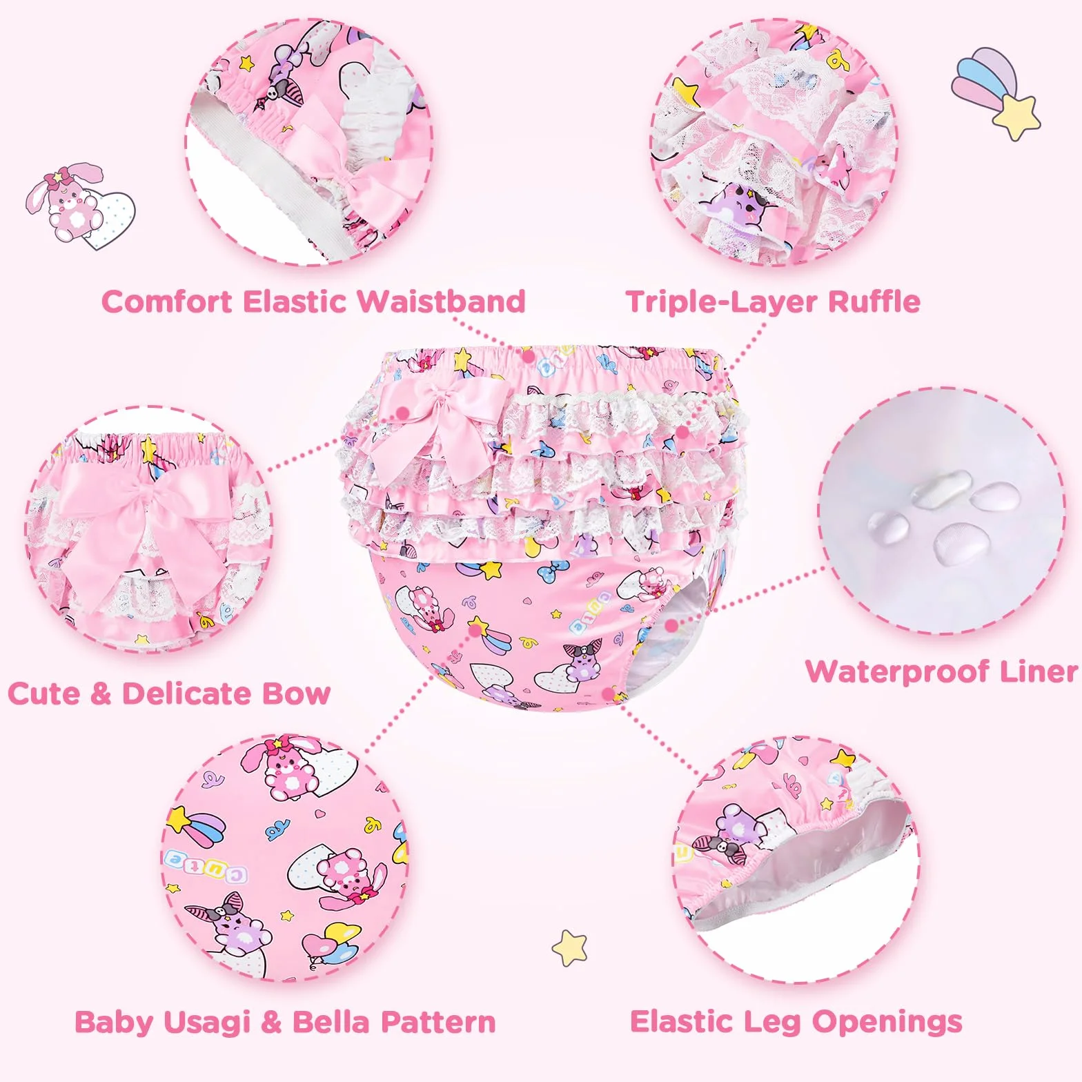 LittleForBig Pannolino Copertura Impermeabile Riutilizzabile Lavabile Fiocco In Pizzo Modello Usagi & Bella Rosa M