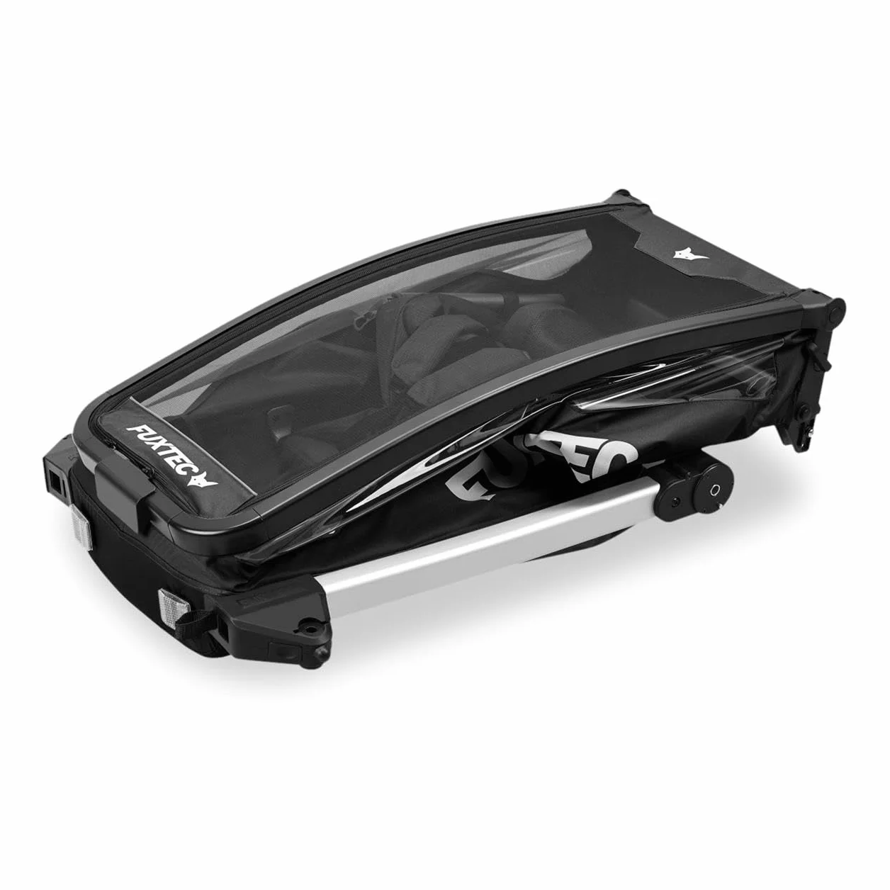 FUXTEC Rimorchio per Bici FX-FA1S Nero – Carrello 1 Posto per Bambini Pieghevole con Cintura di Sicurezza e Parasole
