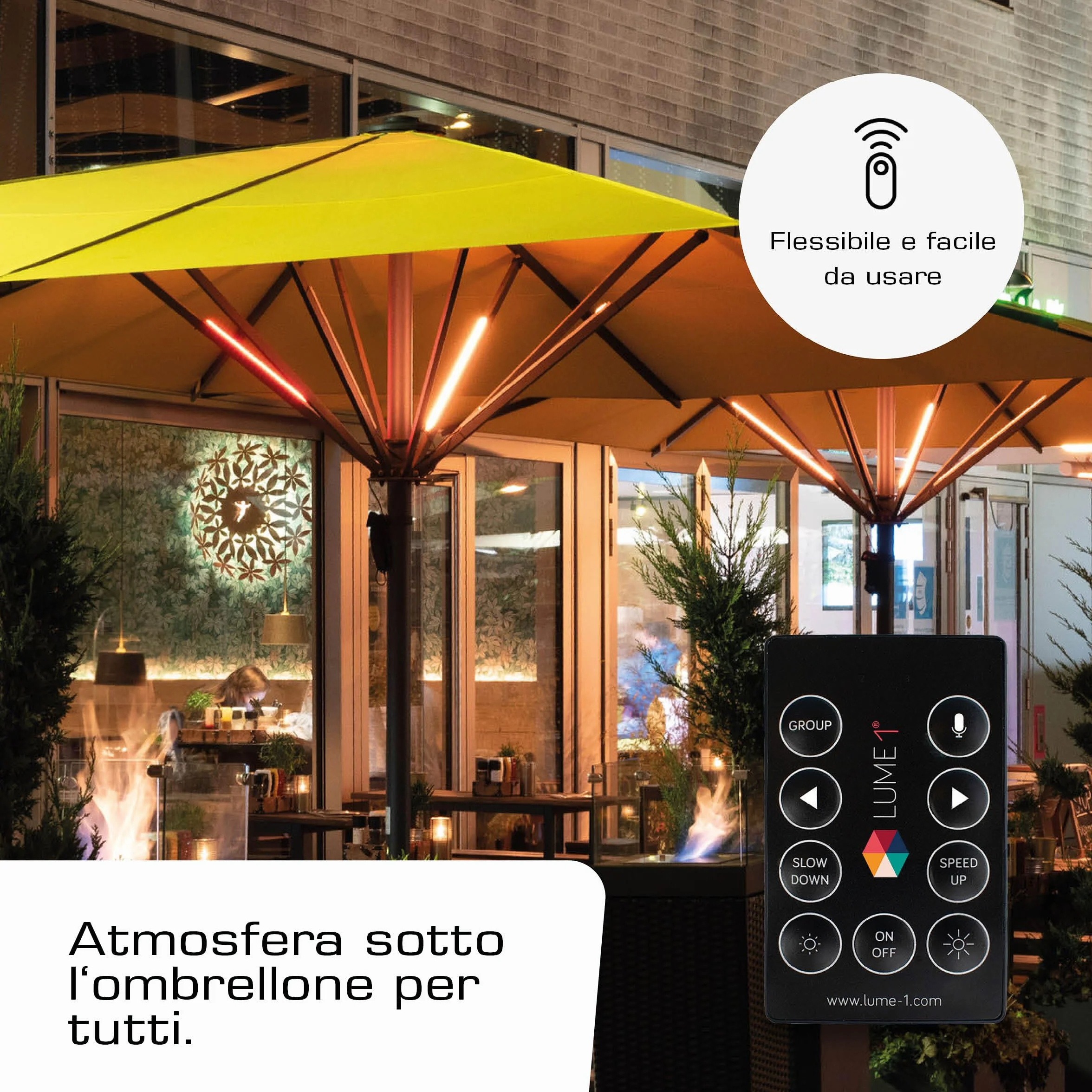 Lume1 - Illuminazione per ombrellone con telecomando, 2 strisce LED, luce bianca calda da 1000 lumen, 2700 Kelvin, illuminazione piacevole, batteria inclusa (Smart Set da 2 pezzi, modello 2026)