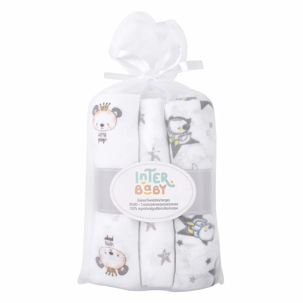 Interbaby Mussola Di Cotone Neonato Con Stampe Grigie 200 g