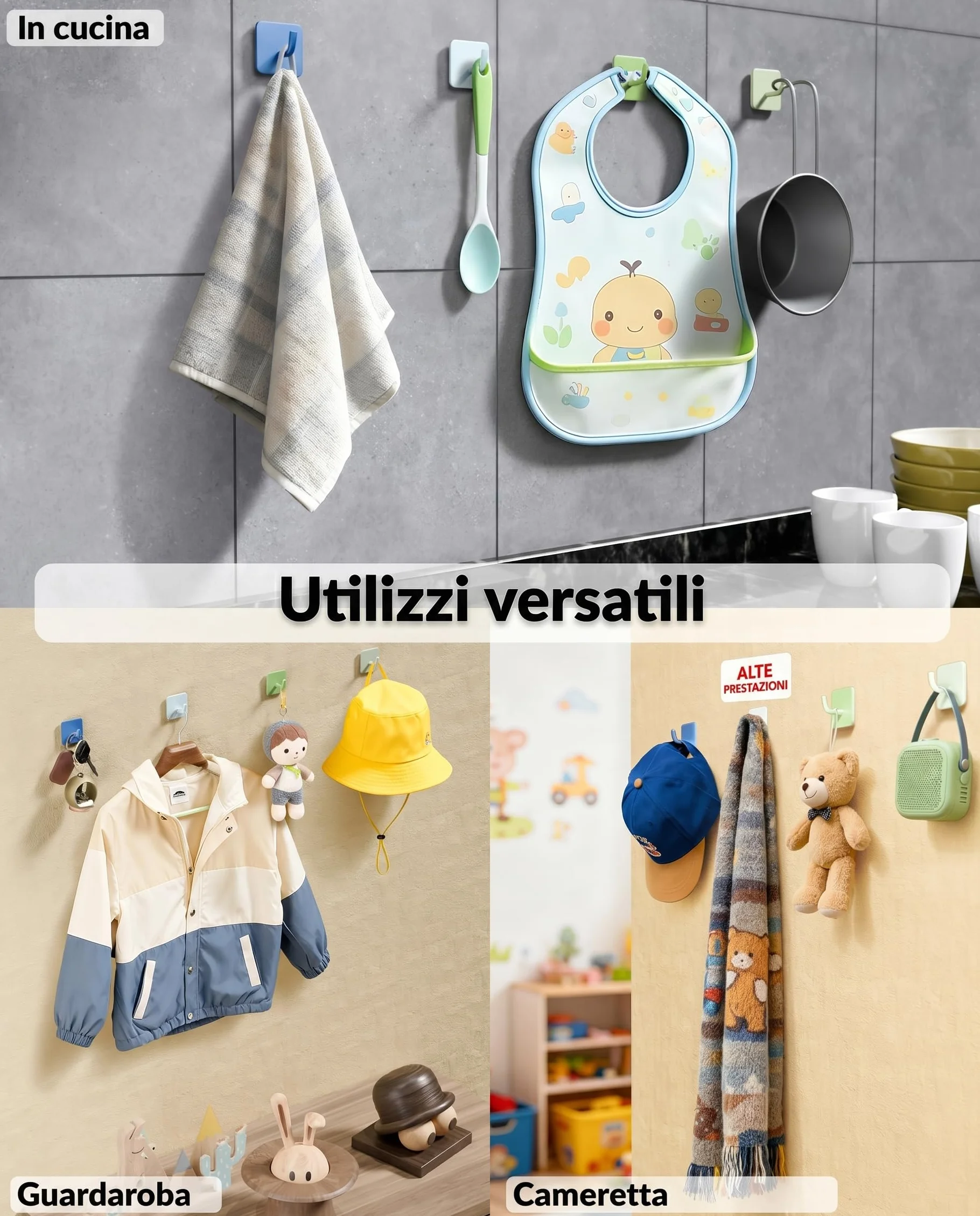 DEKAZIA Set di 4 ganci appendiabiti per bambini blu e verde adesivi da parete