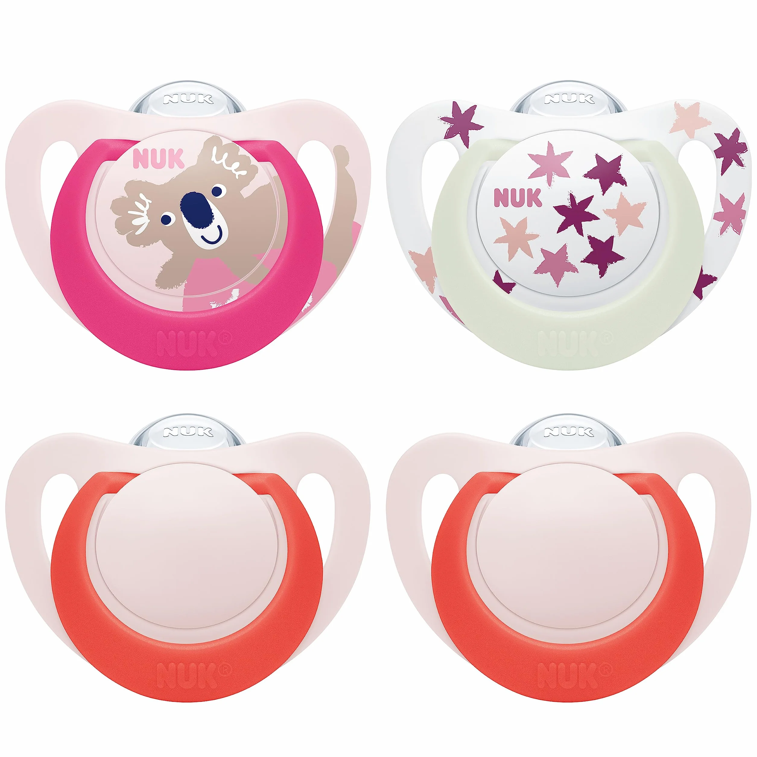 NUK Star Day & Night Ciuccio 18-36 Mesi 4 Pezzi Silicone Senza BPA Glow-In-The-Dark Koala