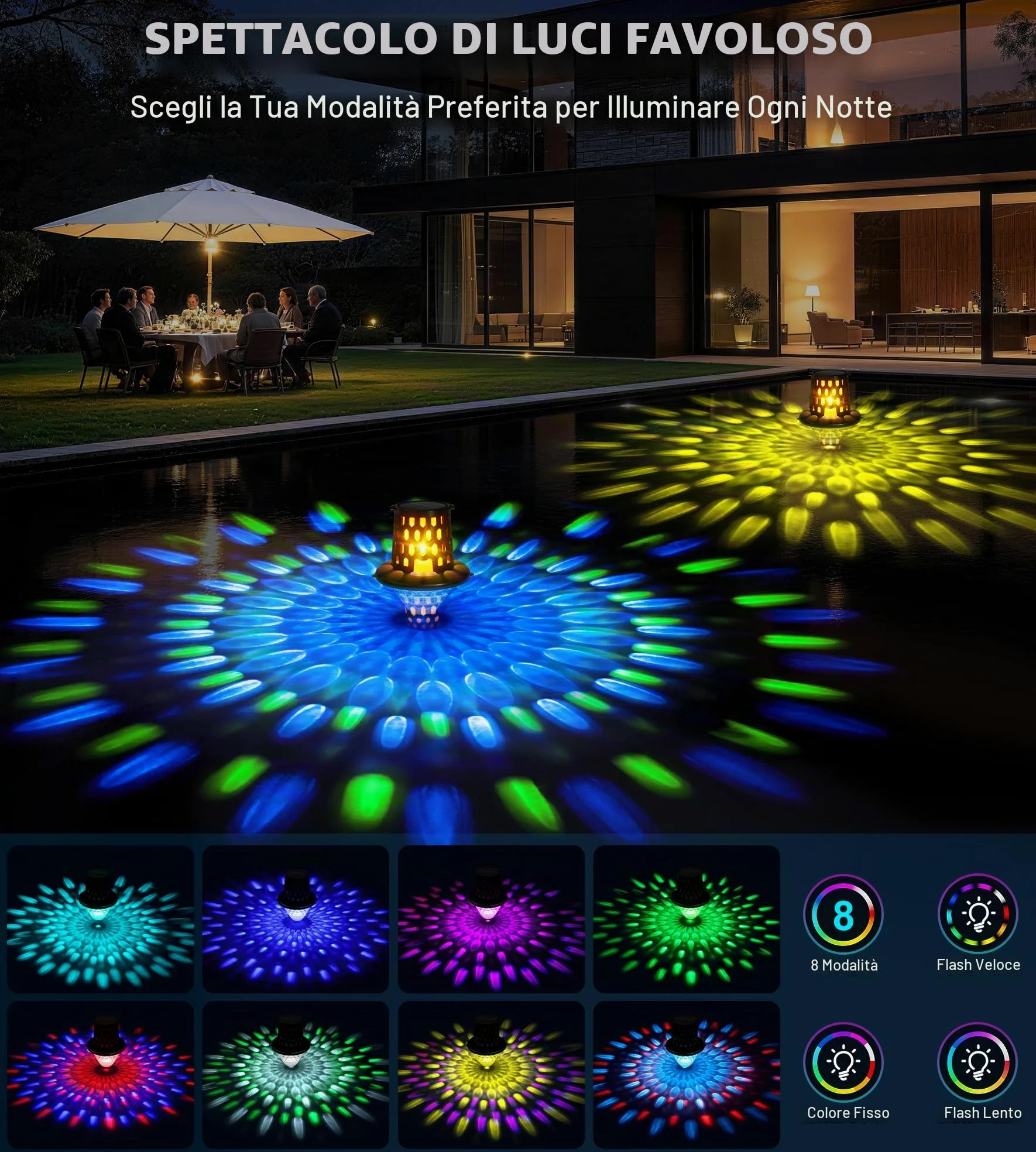 LuxBlue Luci Piscina Galleggianti, Luce per Piscina Fuori Terra con Spettacolo di Luce Subacquee, Luci Solari per Piscinas IP68 Impermeabile, Lampade Piscinas con Luces Fiamma per Spa, Vasca Bagno