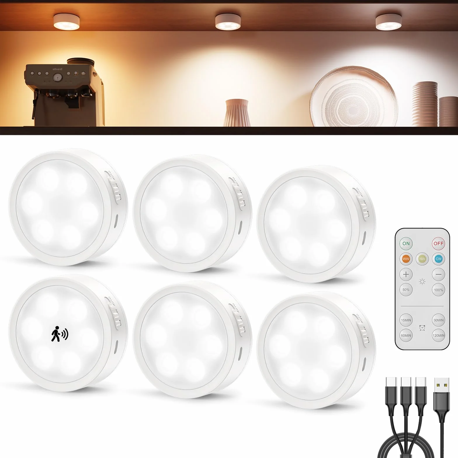 Luce LED Armadio Ricaricabile USB con Telecomando, 2400mAh Luce Vetrina Senza Fili Faretti LED Adesivi Lampada Sottopensile Cucina Batteria Luci Notturna per Interno Scale Guardaroba Sotto Mensola