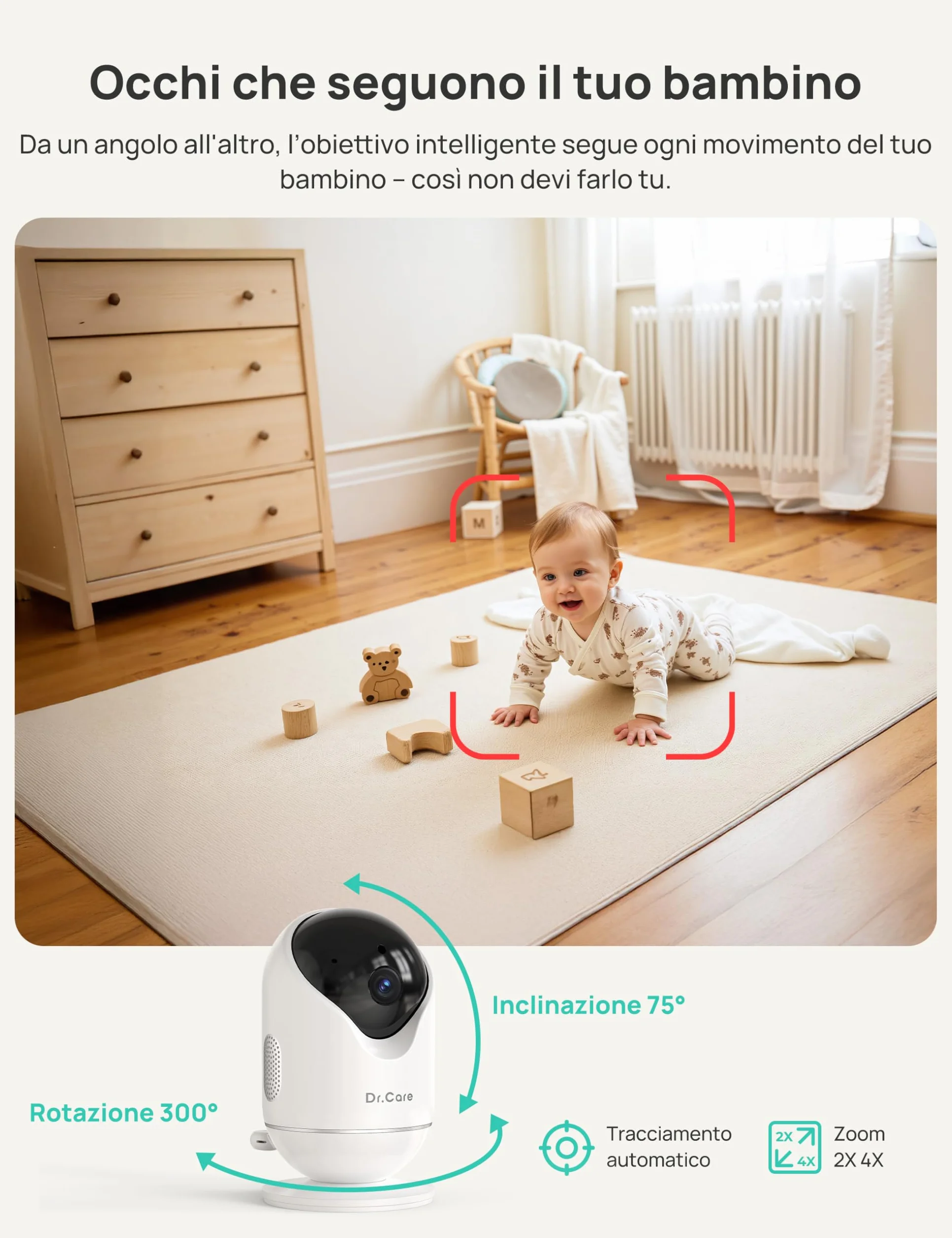 Dr.Care VistaView Baby Monitor WiFi 5” 1080P Schermo Diviso 2K/3MP Telecamera APP Mobile 5000mAh Batteria HD Visione Notturna Allarmi Pianto Movimento Audio Bidirezionale 390m