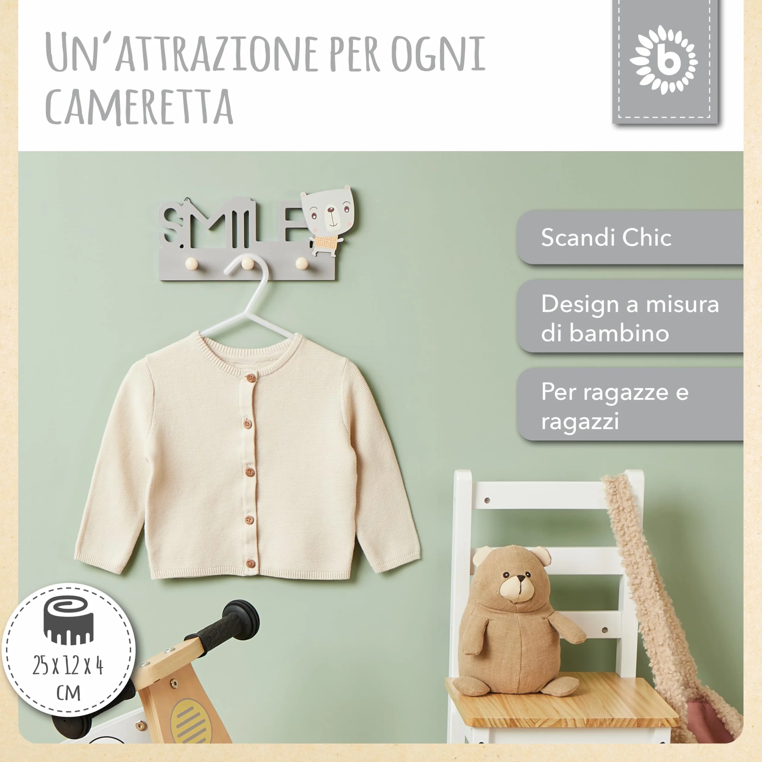Bieco Smile Gancio appendiabiti per bambini in legno 25 cm 3 ganci da parete