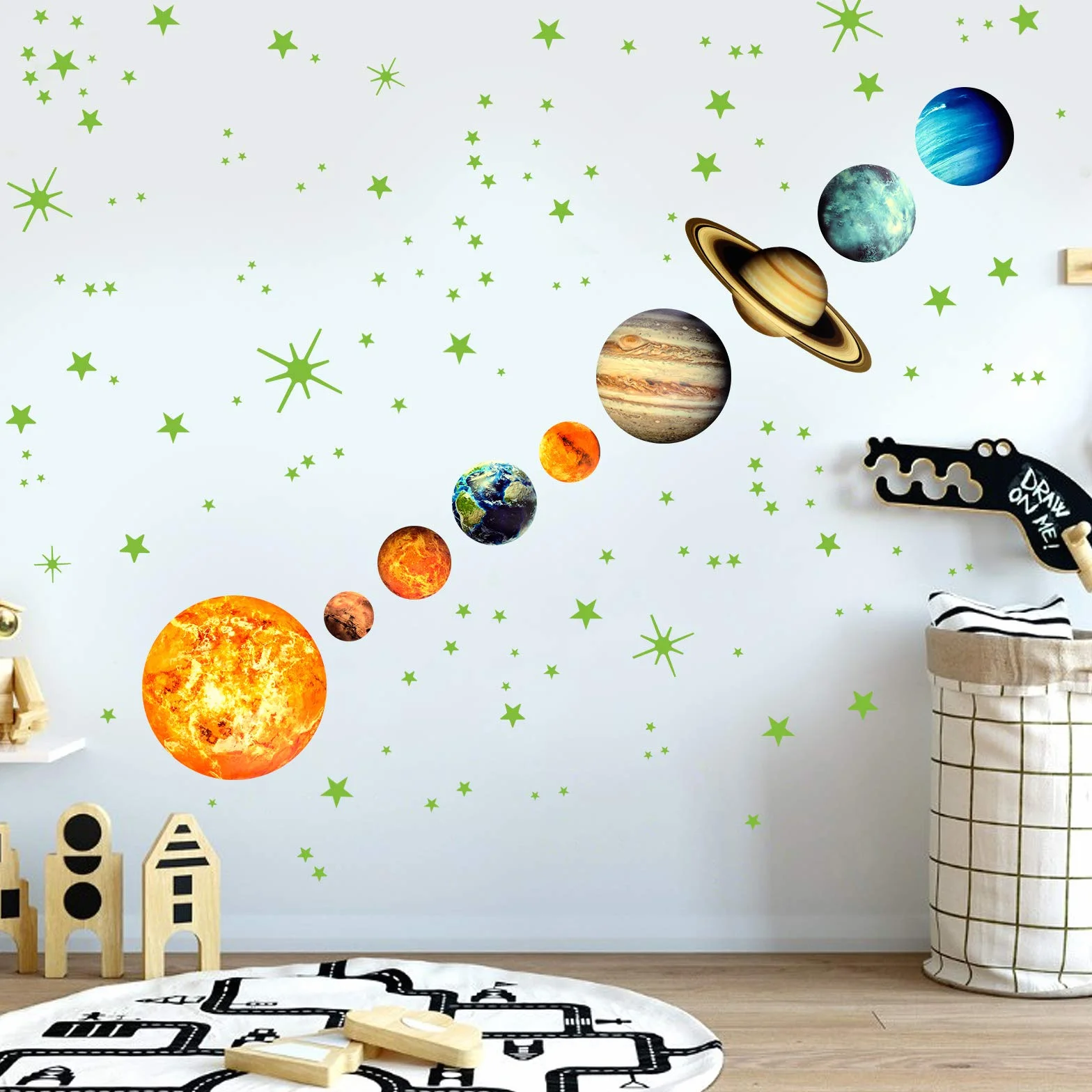 Adesivi da Parete Fluorescenti Sistema Solare 9 Pianeta 4 Stelle Decorazione Murali Sticker da Muro