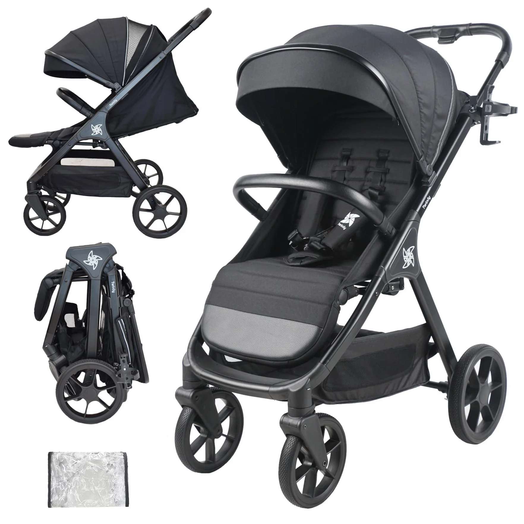 Passeggino Leggero 25 kg Portata, Pieghevole ad una Mano, Seduta Ampia, Ruote Grandi Ammortizzate, Cappottina XXL e Parapioggia Nero