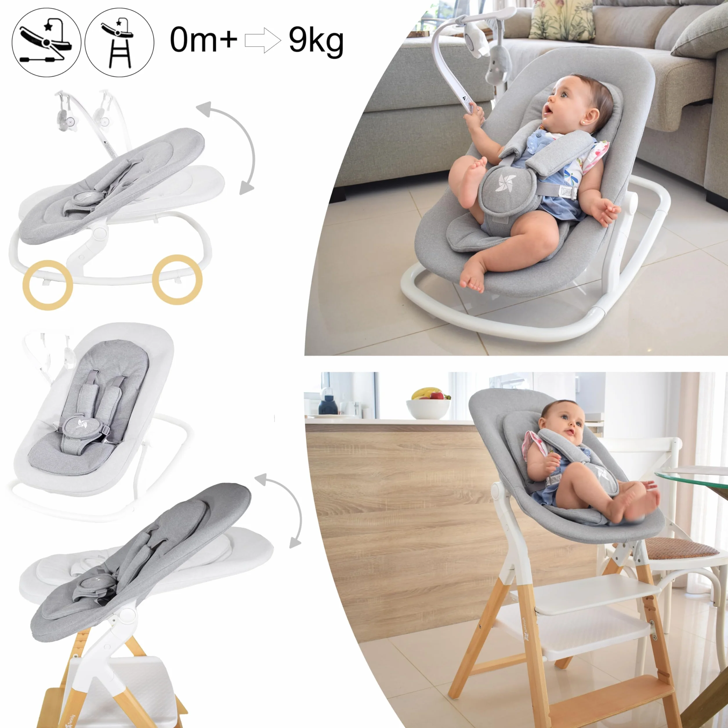 Seggiolone Pappa Evolutivo 5 in 1 Multifunzione Dondolo Torre di Apprendimento Sedia Pieghevole Ergonomica Legno di Faggio Alaia