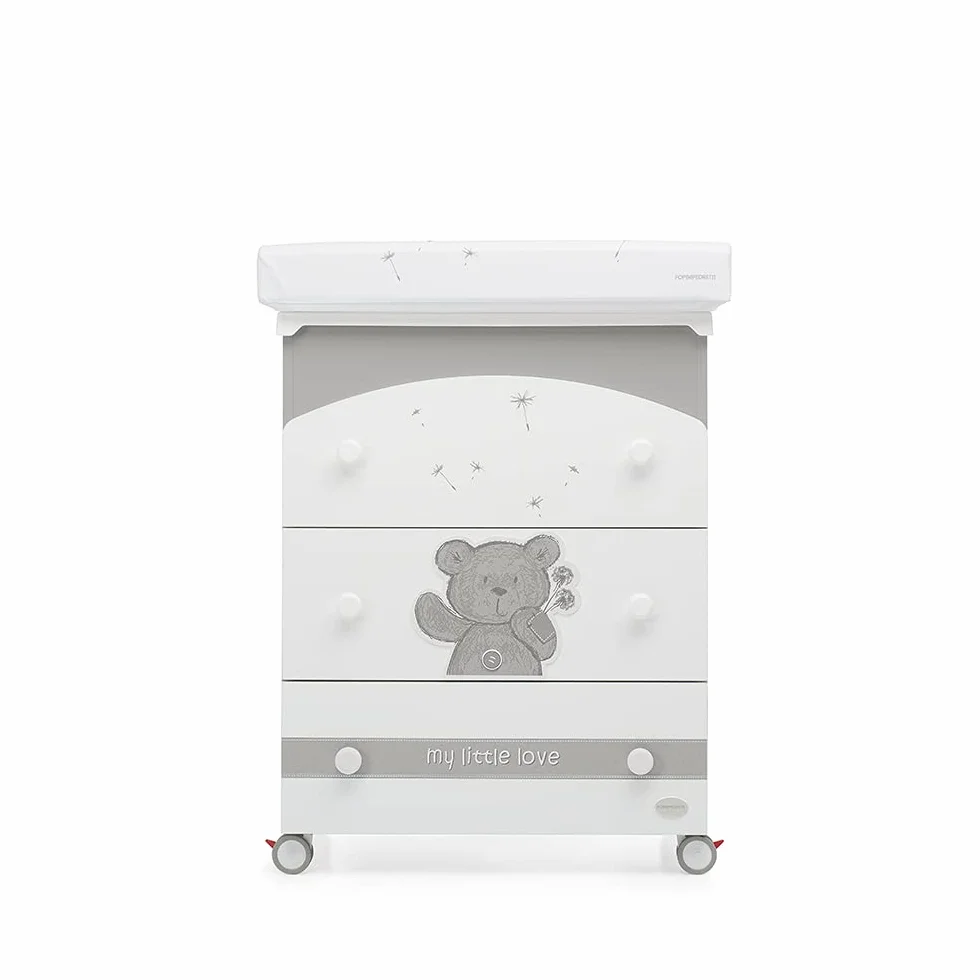 Foppapedretti Bagnetto Fasciatoio My Little Love 3 Cassetti Piano Fasciatoio Ribaltabile Vaschetta Anatomica Estraibile 4 ruote Materassino 69x47x89 cm Bianco