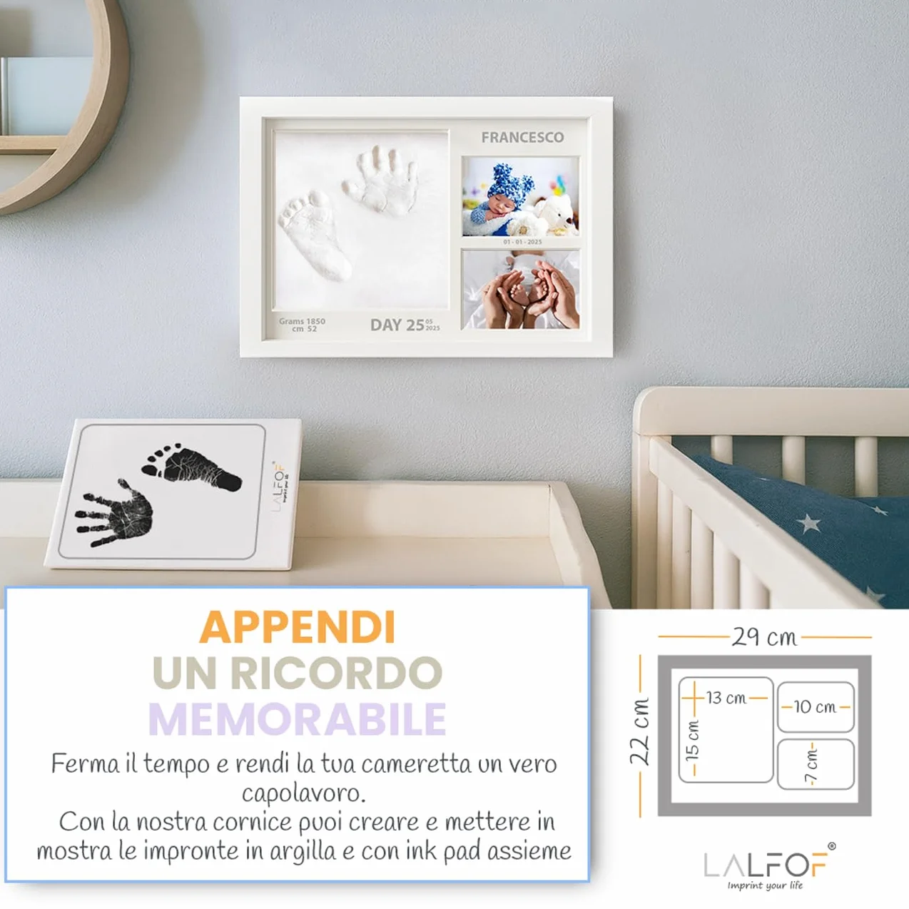 Lalfof® Cornice Impronta Mani e Piedi Neonati 2in1 con Nome, Kit in Argilla e Inkpad, Idea Regalo per Neonato