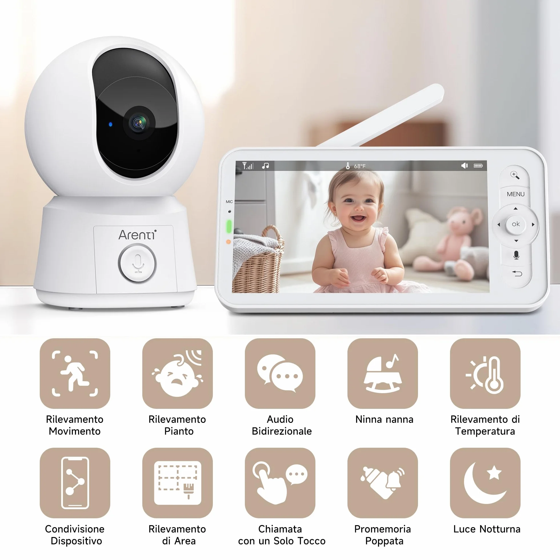 ARENTI Monitor Neonato con Videocamera Wifi 5" 360° PTZ 3350mAh Visione Notturna VOX Rilevamento Temperatura