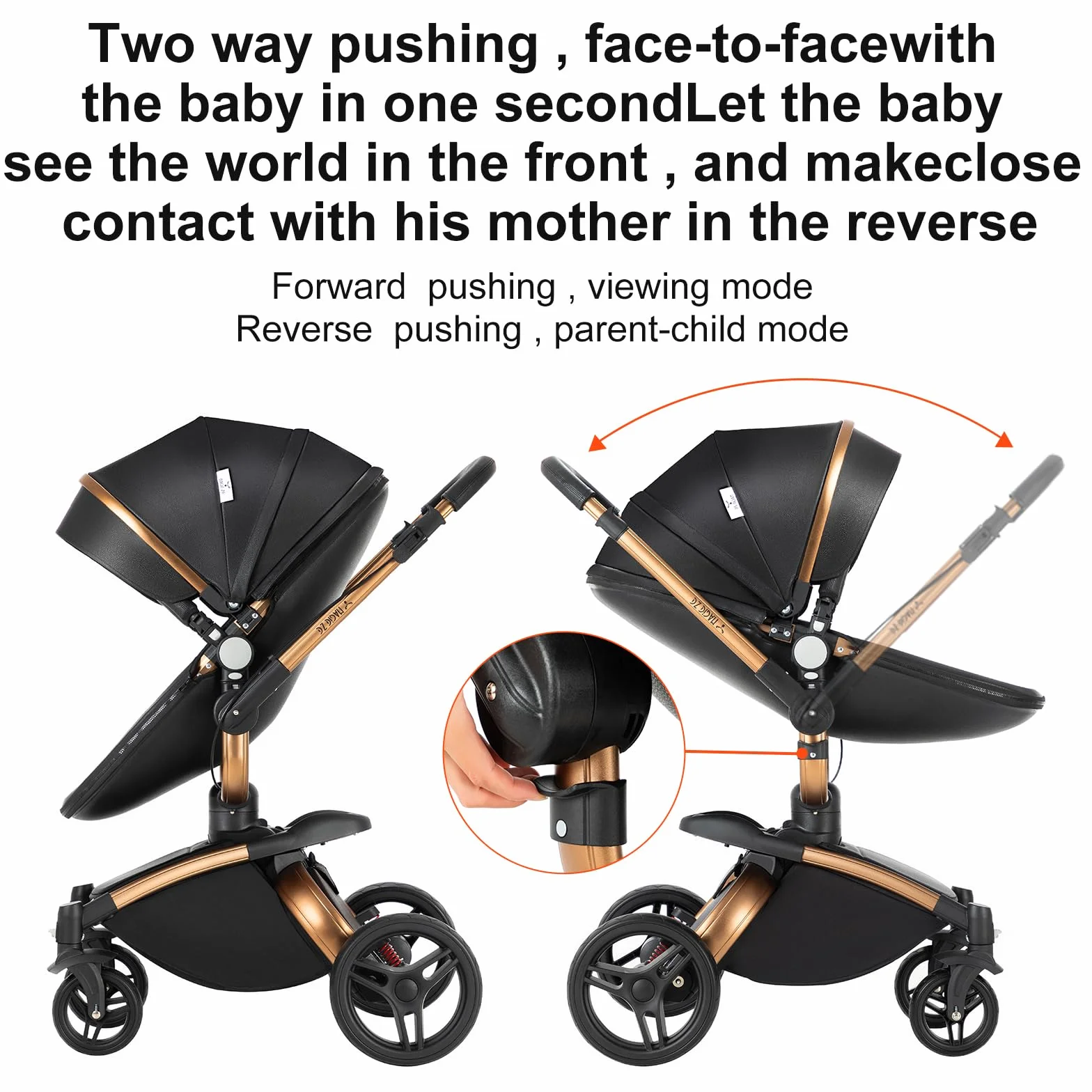 Passeggino 3in1 in pelle PU rotabile 360° con modalità culla | Pieghevole con un clic Convertibilità da neonato a toddler Rosa