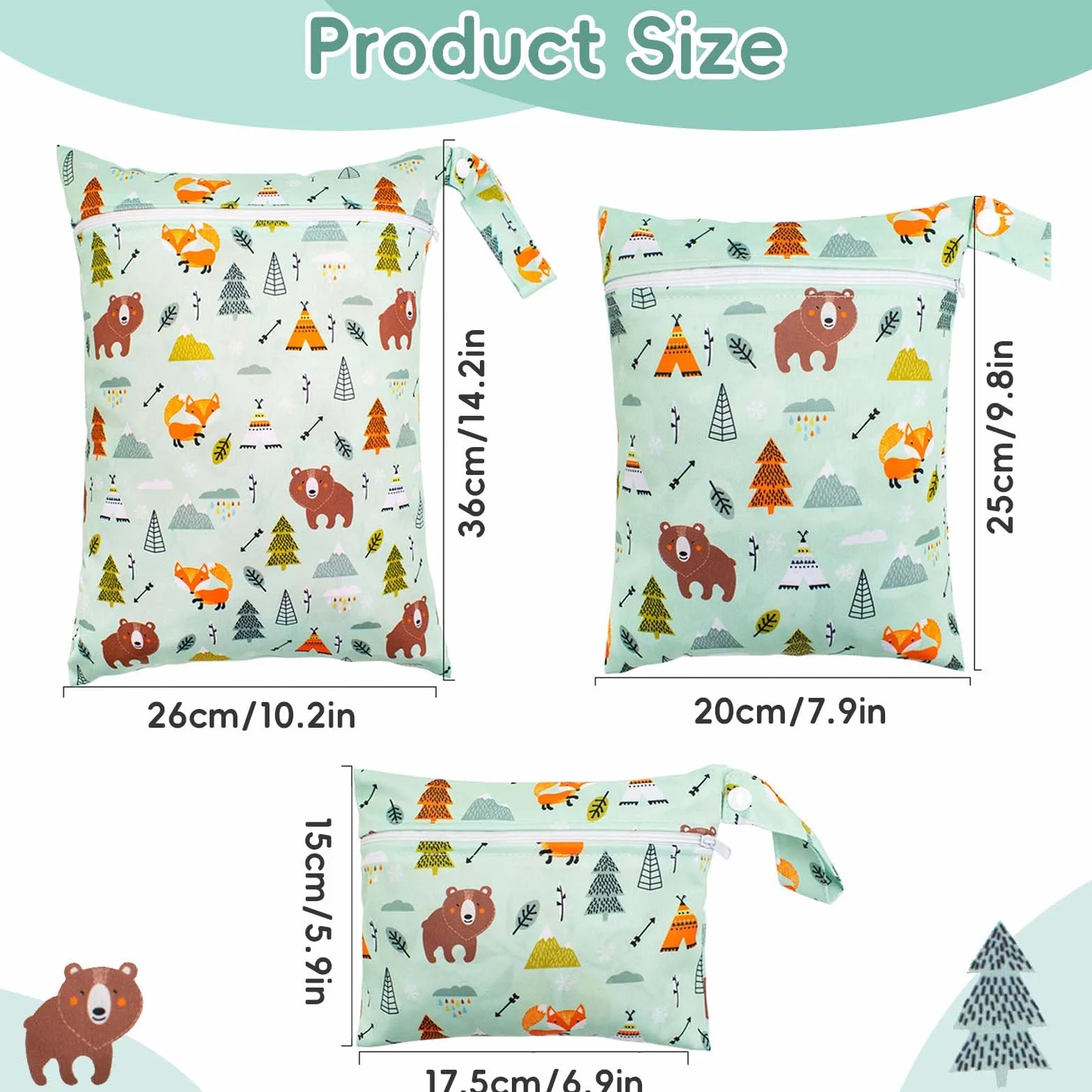 Wetbag Pannolini Riutilizzabili 3 Pezzi Borsa Stoffa Lavabile con Cerniera Verde