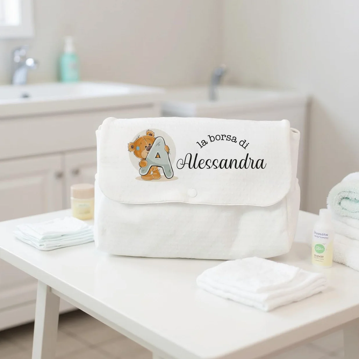 Generico Borsa Fasciatoio per Neonato Personalizzato con Nome e Orsacchiotto Regalo Festa Mamma Natale Nascita Cambio Pannolini
