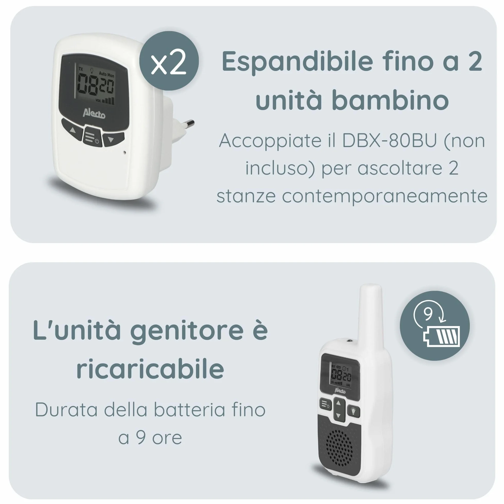 Alecto DBX80 monitor a lungo raggio 3000 metri standby 9 ore VOX bianco