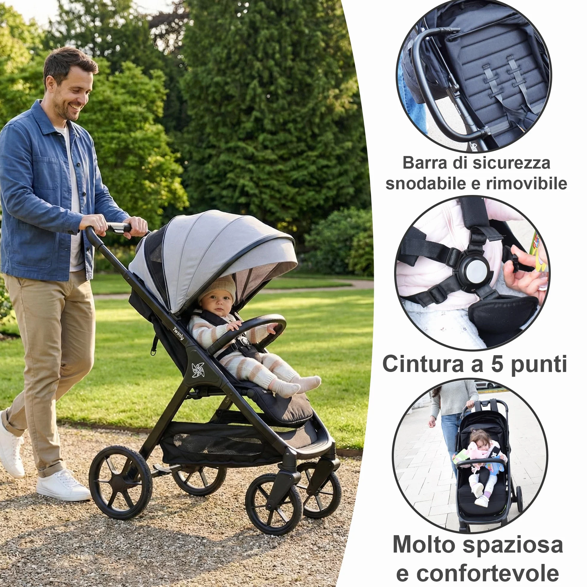 Passeggino Leggero 25 kg Portata, Pieghevole ad una Mano, Seduta Ampia, Ruote Grandi Ammortizzate, Cappottina XXL e Parapioggia Nero