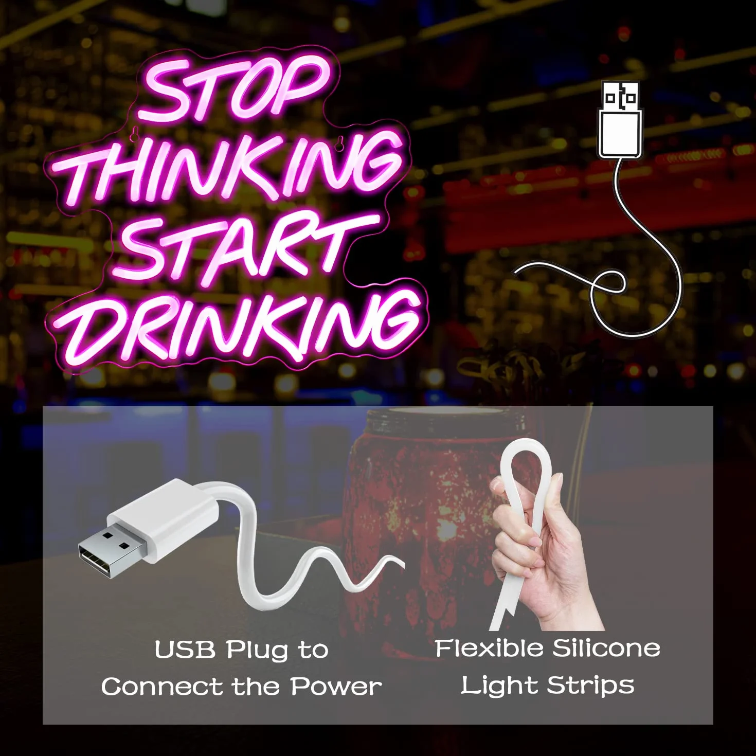 Looklight Stop Thinking Start Drinking Insegne Luminose Scritte Luminose Insegna al Neon per Bar Insegna LED Rosa da Bar Scritte Neon per Negozi Caffè Birra Domestica Ristorante
