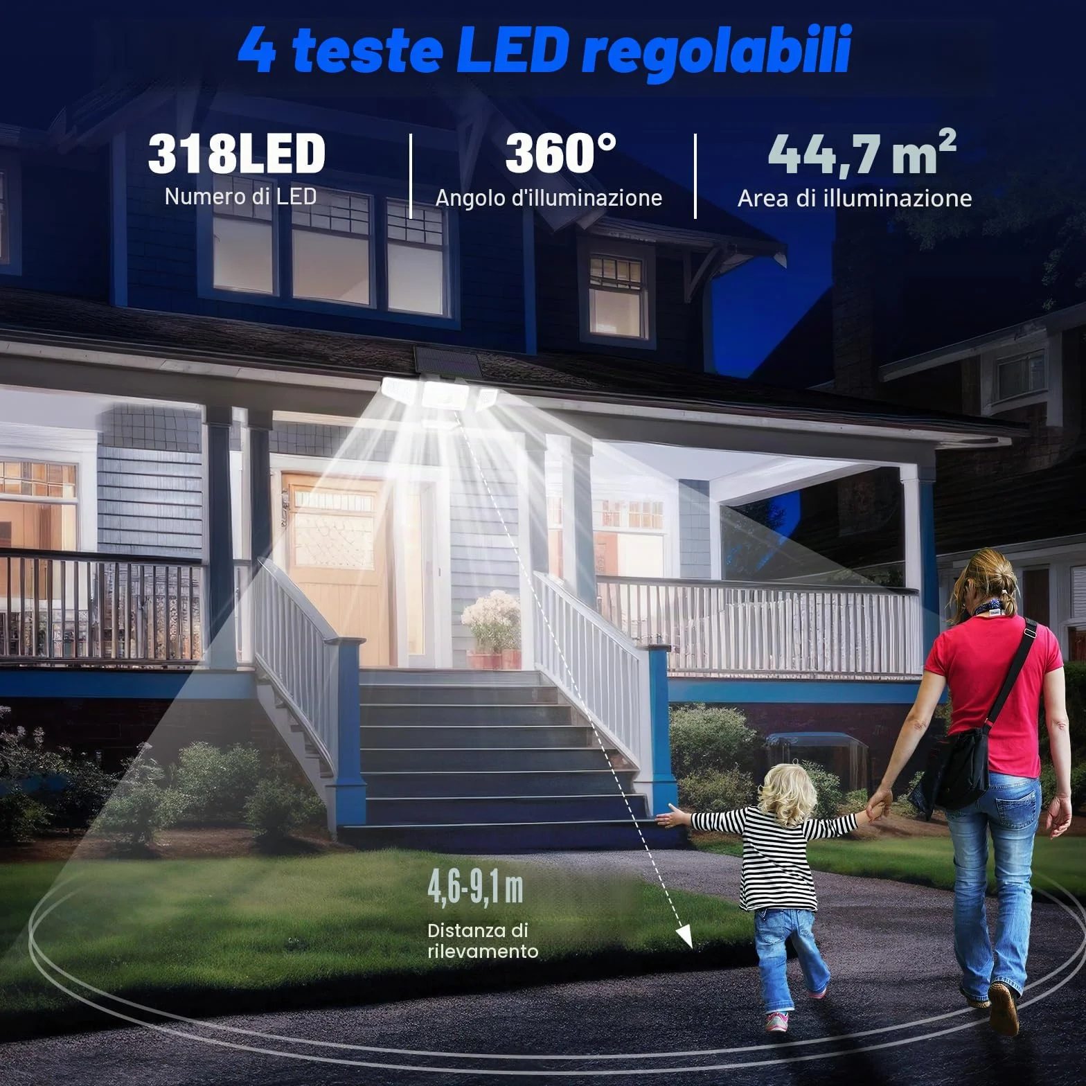Peasur 2 Pezzi Faretto Led da Esterno Solare, 318 LED Luce Solare con Sensore di Movimento, 4 Testa 3 Modes Impermeabile Faretti Solari, Luci Solari per Giardino Garage Parete