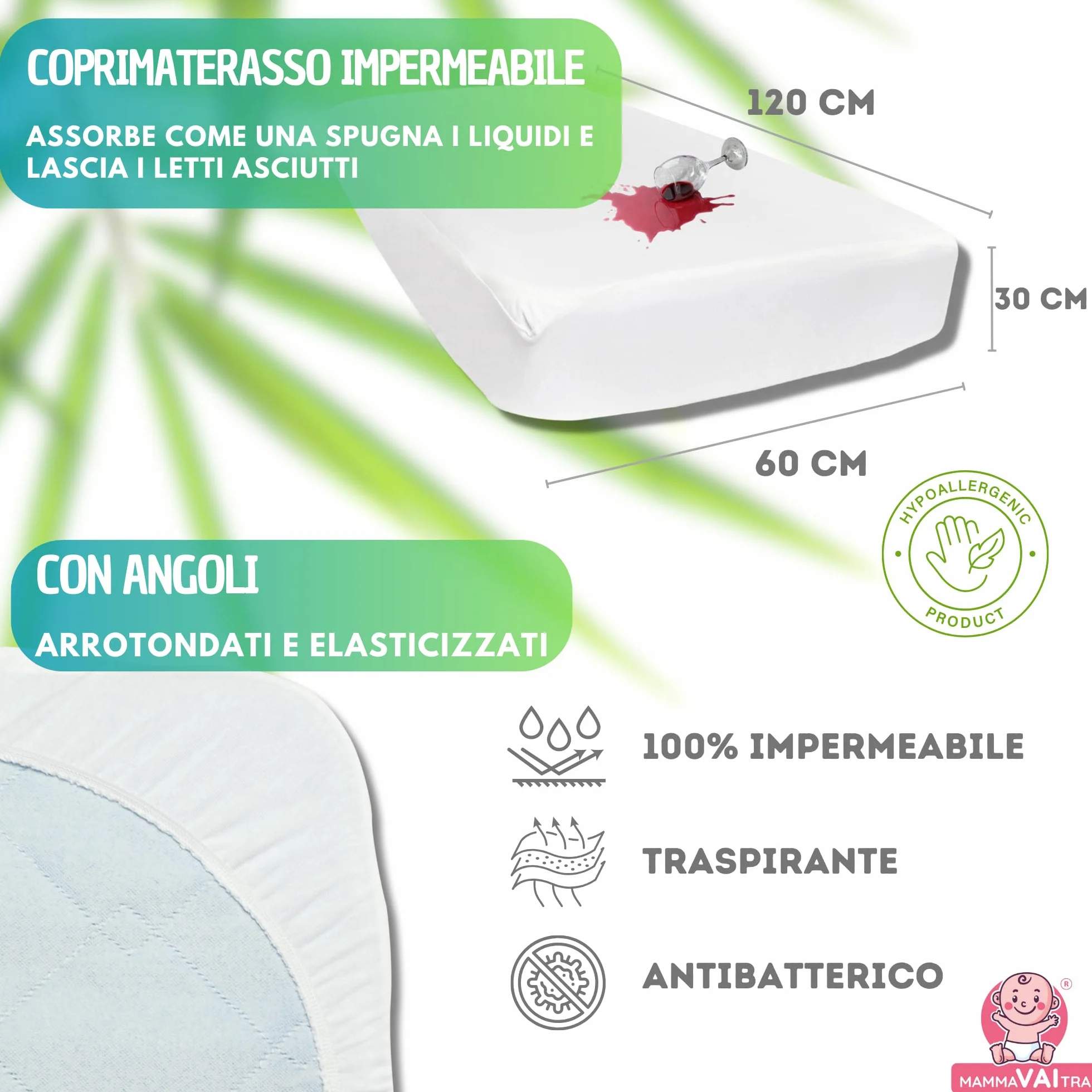 Coprimaterasso Impermeabile Bambù per Lettino Neonati 60x120x30 cm