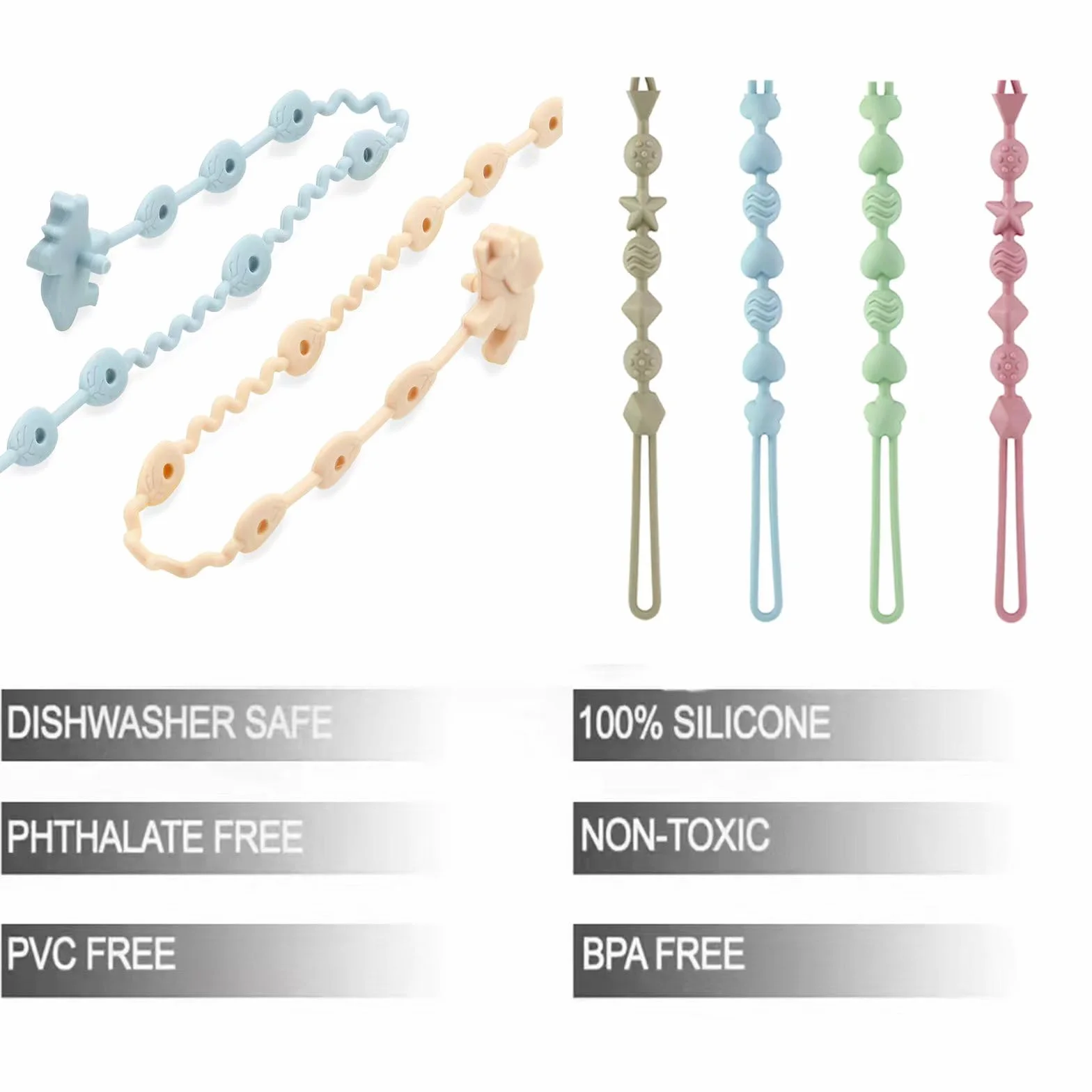 PandaEar Cinghie per Ciuccio in Silicone Confezione da 8, Clip e Massaggiagengive a Forma di Dinosauro