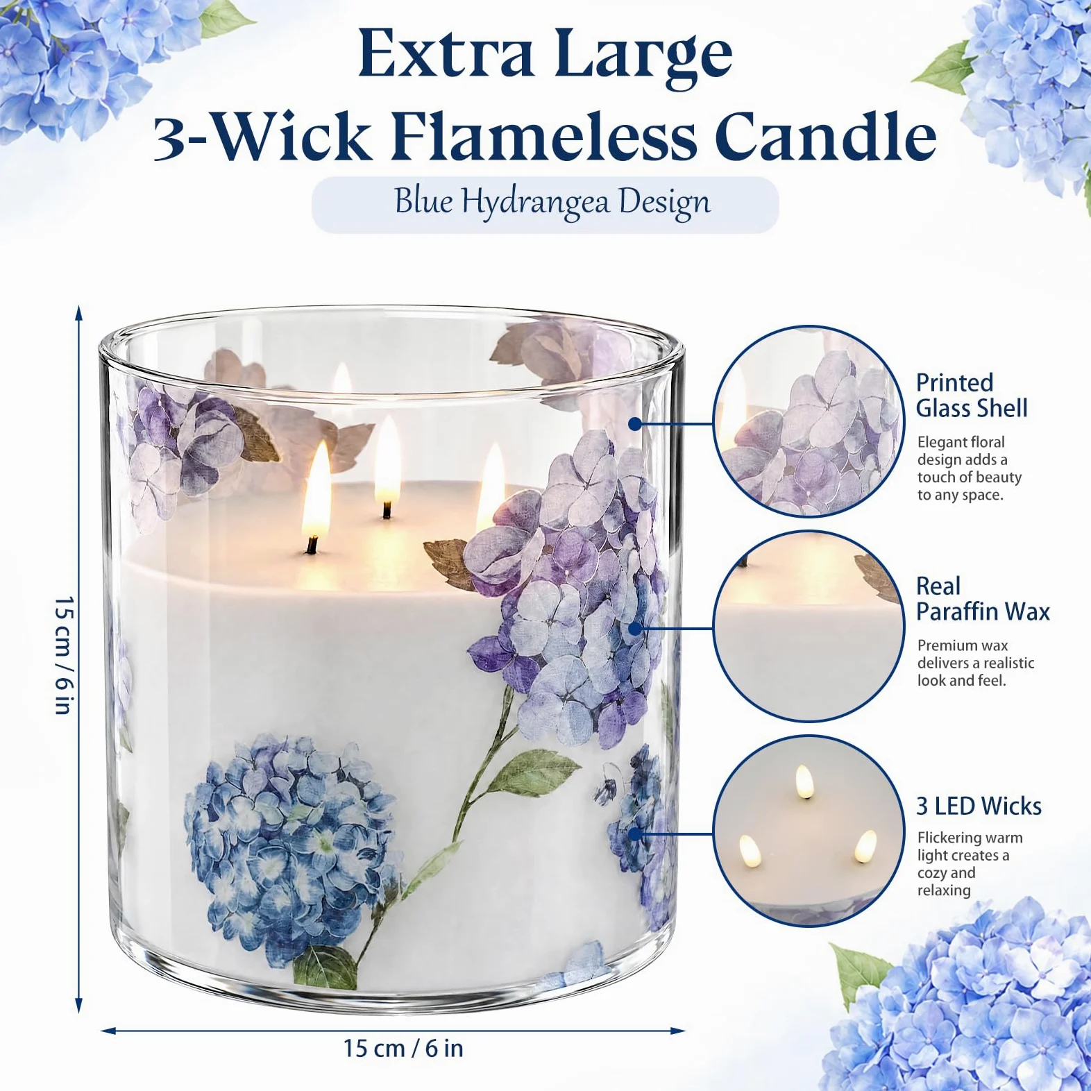 Gerrii Grande candela in vetro senza fiamma a forma di ortensia con 3 stoppini, 15,2 x 15,2 cm, candela in vetro blu con stampa floreale a ortensia blu con timer remoto, candele LED tremolanti in vera