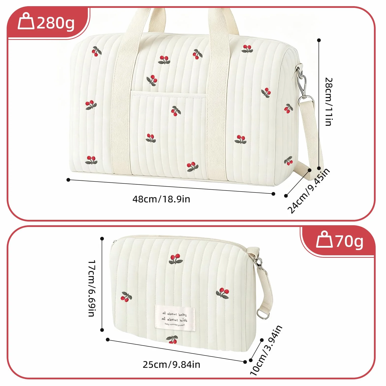 Borsa Parto Ospedale Cotone Trapuntato Ricamo Ciliegia Set 2 Pezzi Maternità Passeggino Viaggio Cambio Neonato Stile Coreano