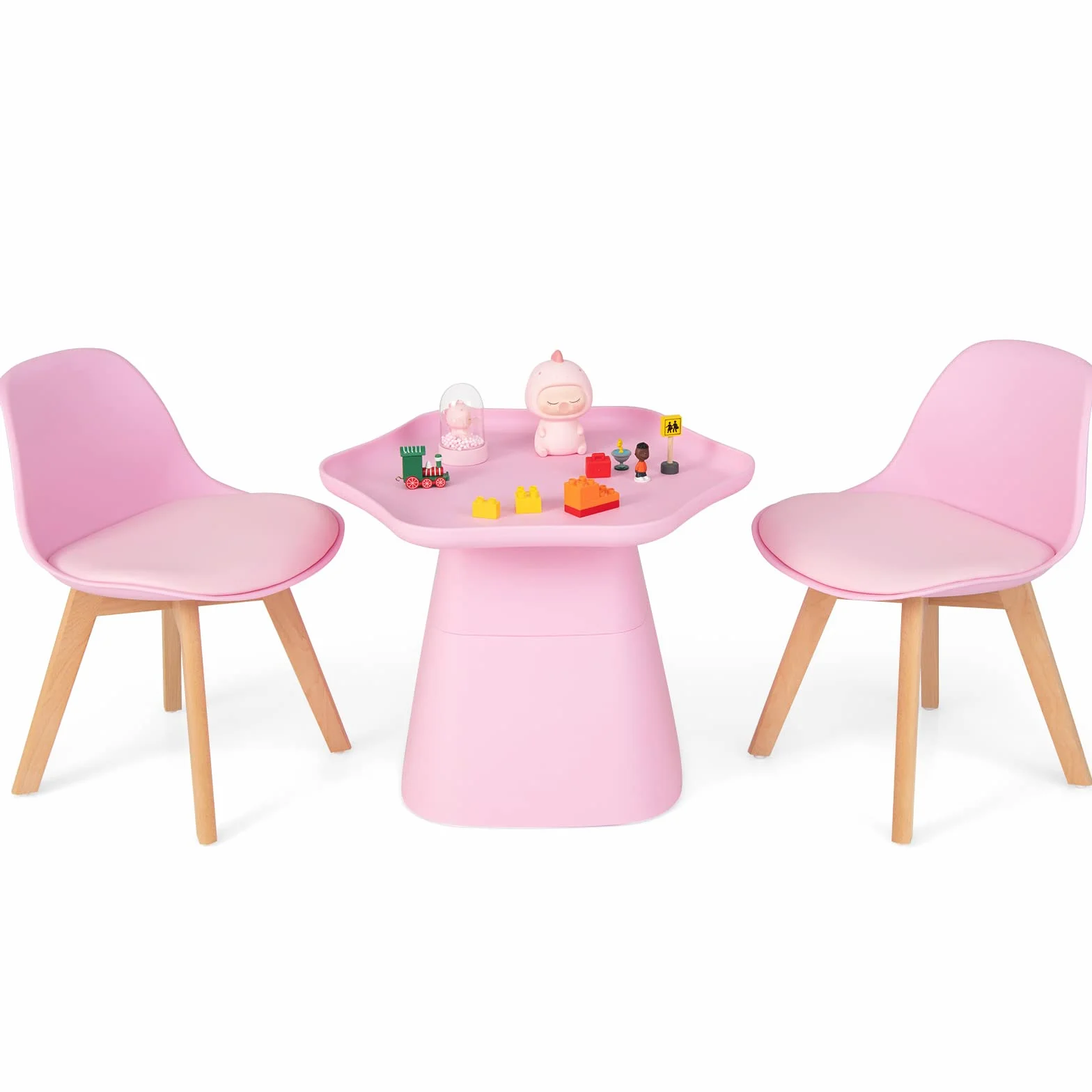 RELAX4LIFE Set Tavolo e Sedie Bambini 3 Pezzi Tavolino 2 Sedie Gambe Legno Faggio Seduta Similpelle 2 cm