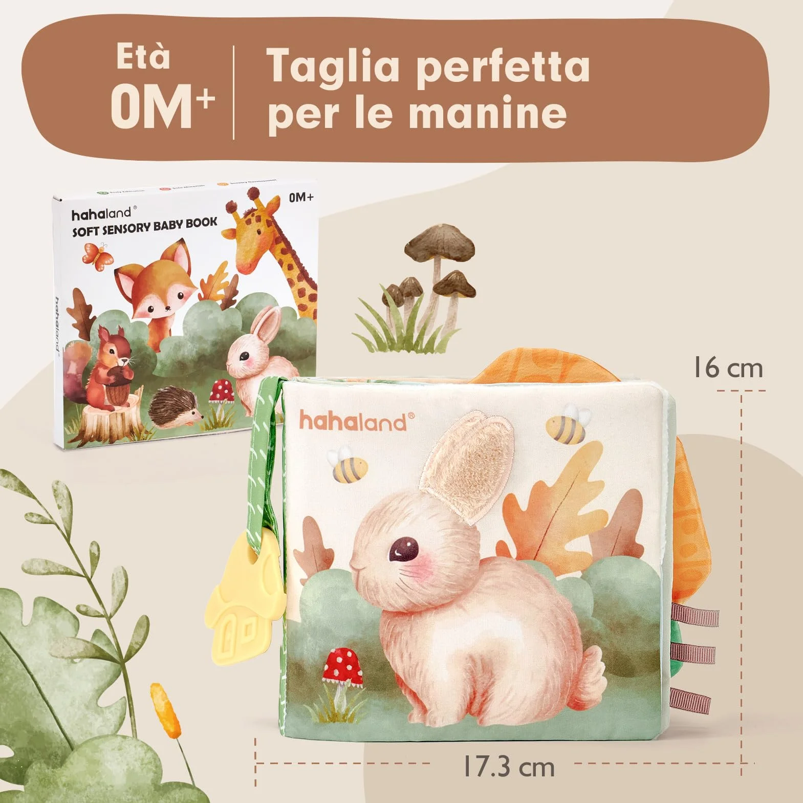 hahaland Libri di Stoffa Neonati 0-6 Mesi - Morbidi Animali Interattivi Libretto Tattile con Specchio - Giochi Sensoriali per Bimbo Bimba