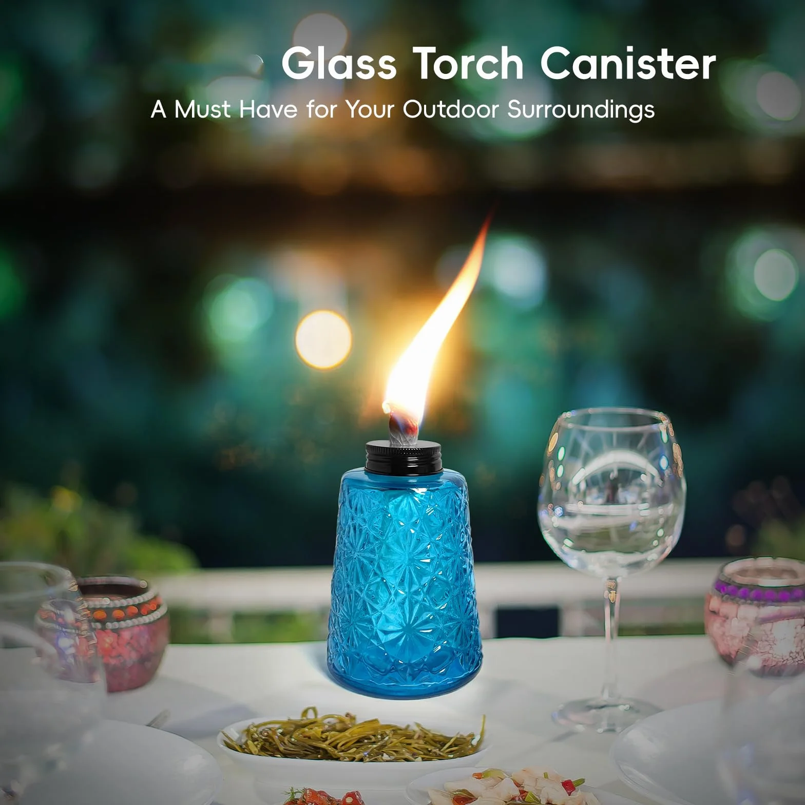 Confezione da 3 lampade a olio in vetro trasparente blu alla citronella, lampade a olio con 3 stoppini, per interni ed esterni, decorazioni per patio