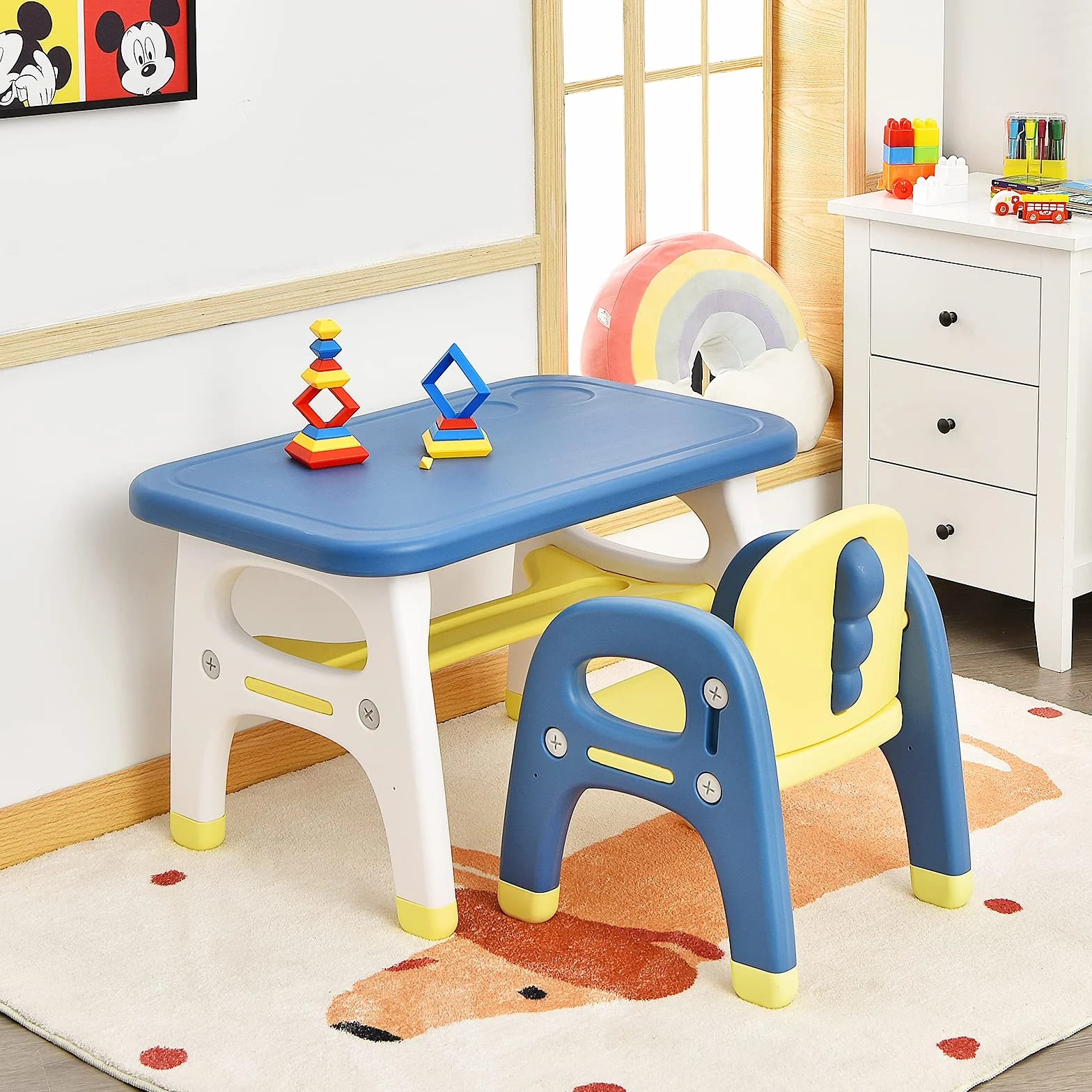 RELAX4LIFE Set Tavolo e Sedia per Bambini, Sedia a Forma di Dinosauro, Inclusi 3 Set di Costruzioni, Carico 30 kg (Blu)