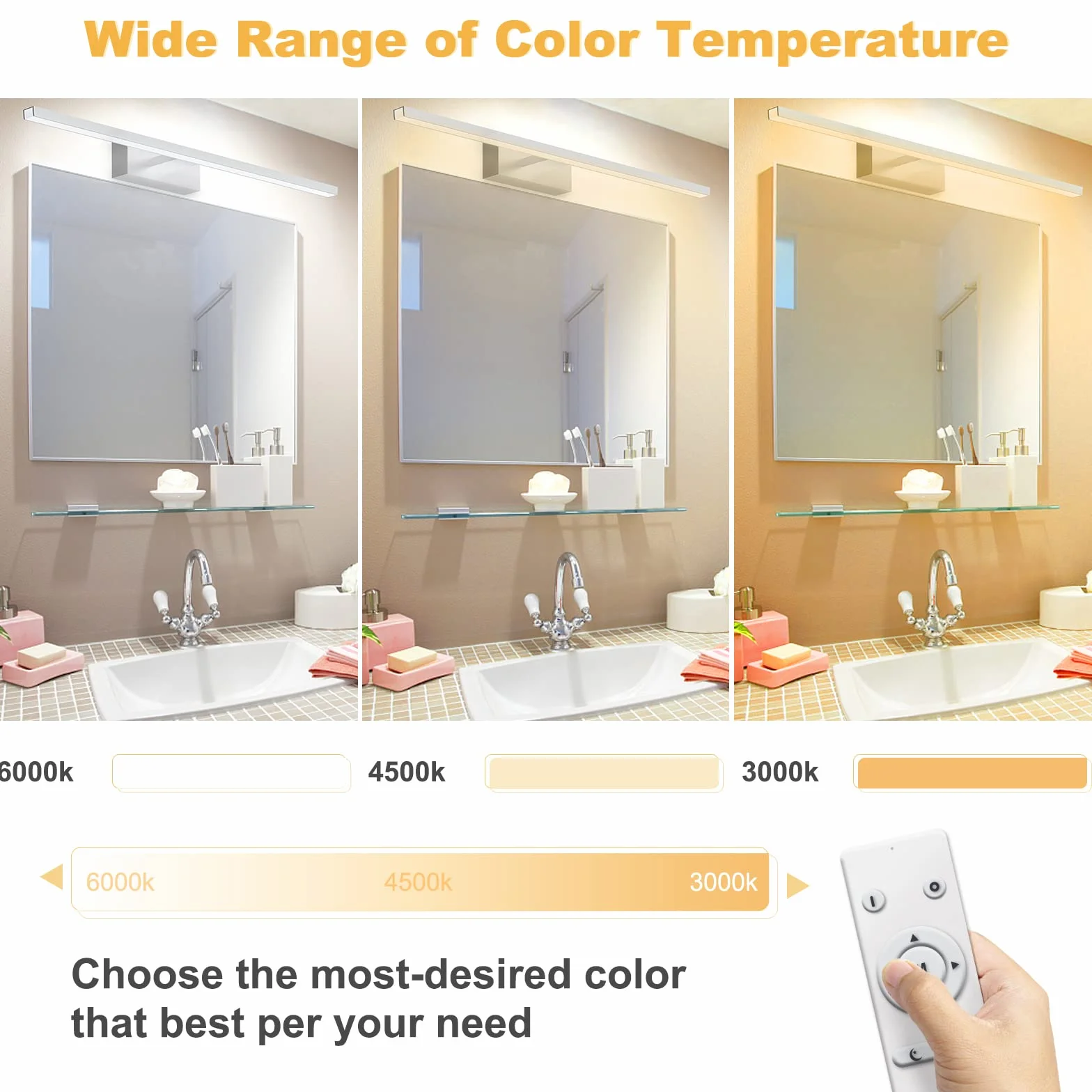 NIORSUN Lampada Specchio Bagno LED 15W 60cm, 1400 Lm, Dimmerazione Libera 3000K - 6000K, Lampada da Specchio Dimmerabile Con Telecomando, Acciaio Inossidabile, Luce Specchio Bagno Impermeabile IP44