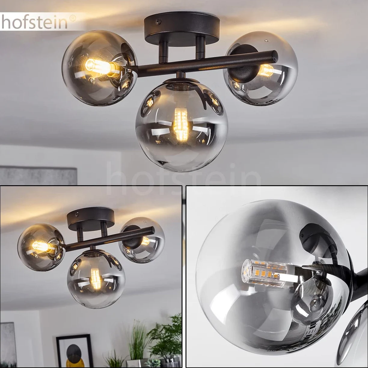 Lampada a soffitto Chehalis, lampada a soffitto moderna in metallo/vetro in colore nero/fumo, lampada dal design moderno con paralumi in vetro fumé, 3 luci, 3 x G9, senza lampadina/e