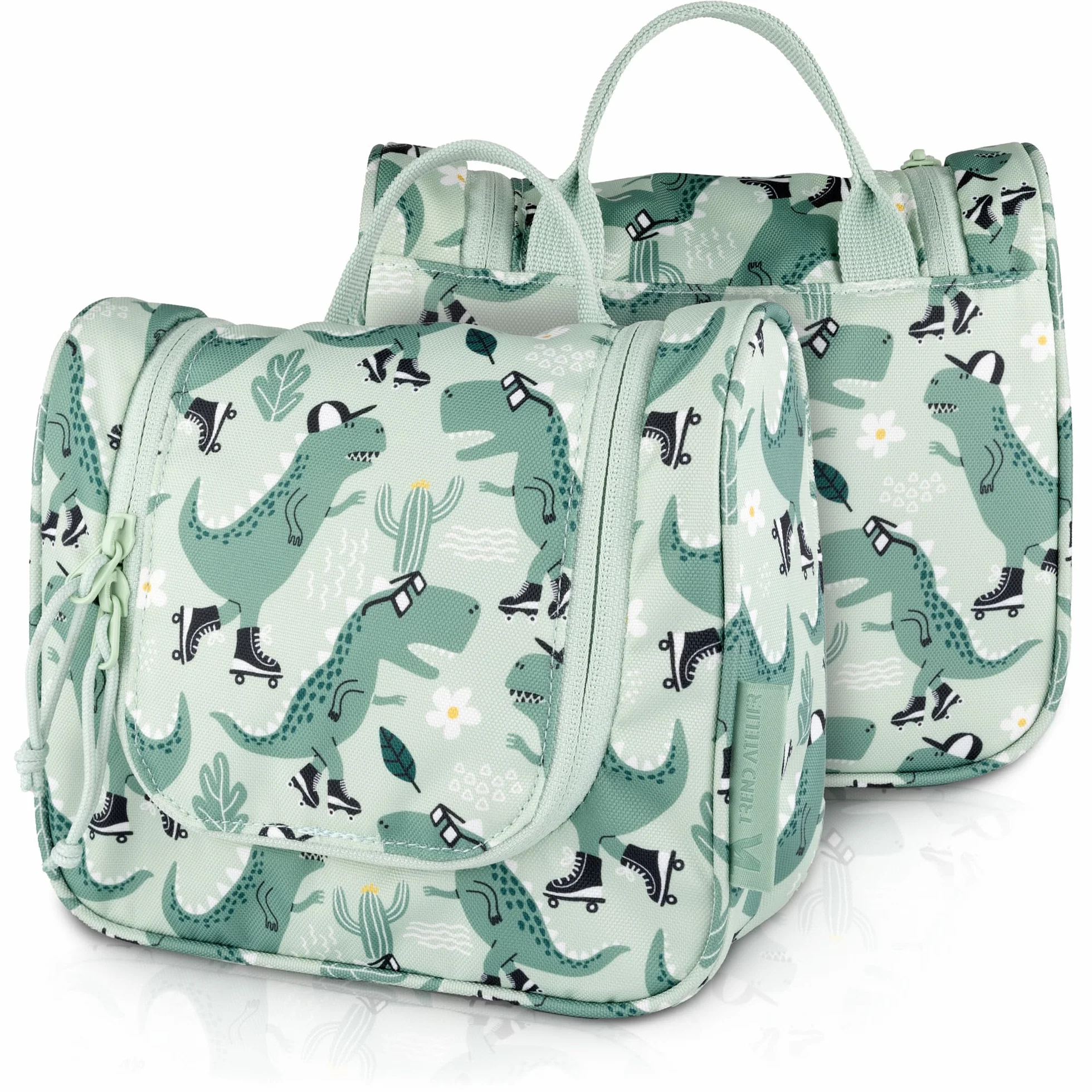 Beauty case bambino appendere trousse toilette sostenibile poliestere riciclato idrorepellente specchio scomparti Dinosauro Verde