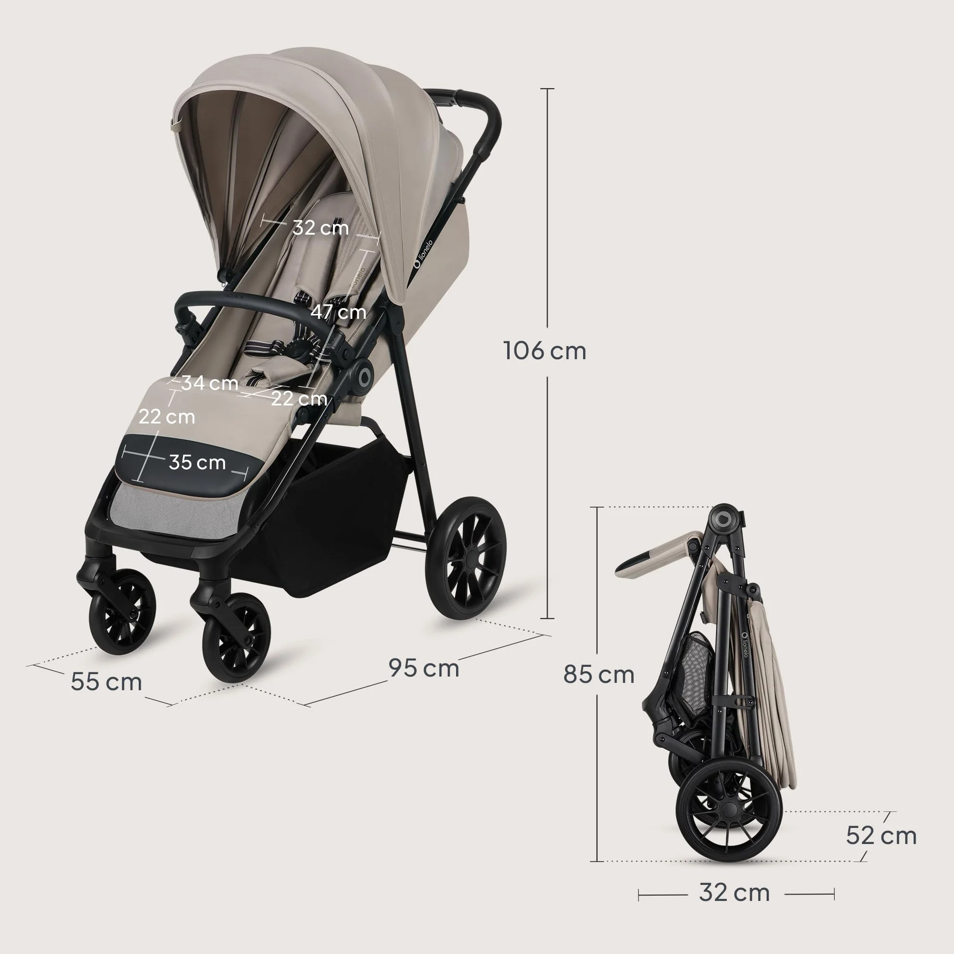 LIONELO EMERALD Passeggino Leggero Compatto Pieghevole Bambini 22 kg 4 anni Chiusura una Mano Ruote EVA Schienale Reclinabile Cappottina Impermeabile XXL UPF50+