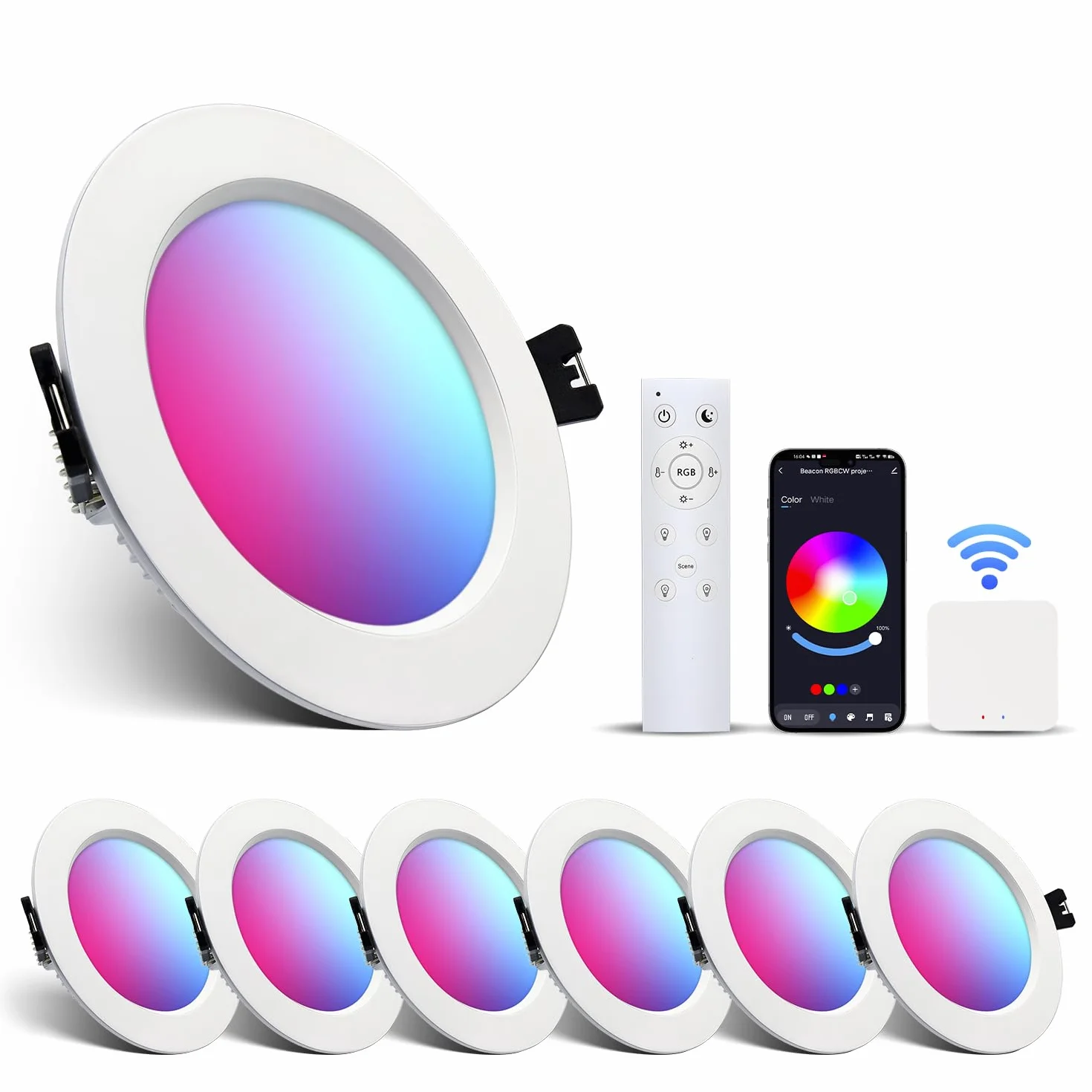 Faretti Led da Incasso per Cartongesso Alexa Wifi Bluetooth, RGBW 2700K a 6000K, Dimmerabili App Controllo, 10W, alluminio, faretti da incasso con gateway intelligente e telecomando, 6pcs