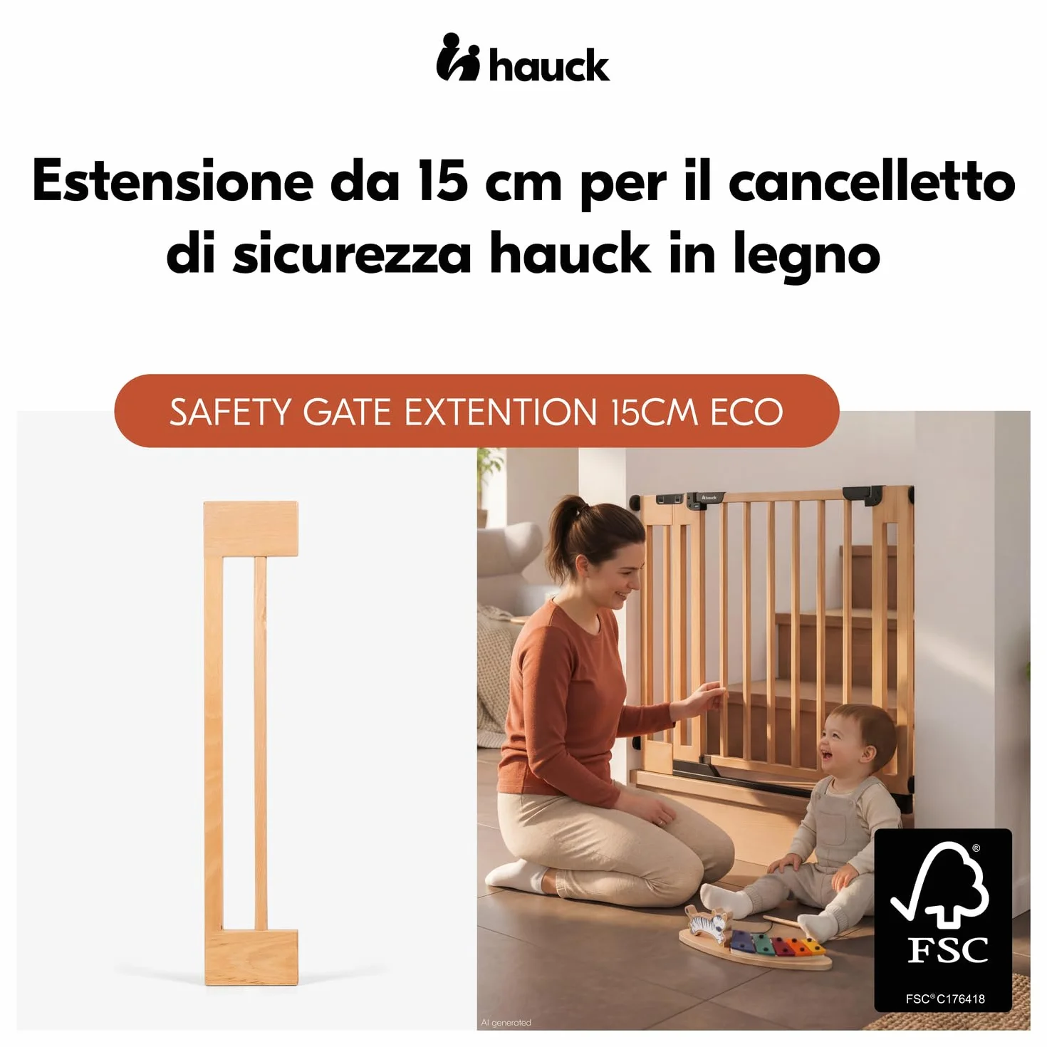 hauck Estensione da 15 cm Compatibile Cancelletto di Sicurezza Clear Step Easyclose Eco, Legno di Faggio - Accessorio per Cancellino Bambini e Cani