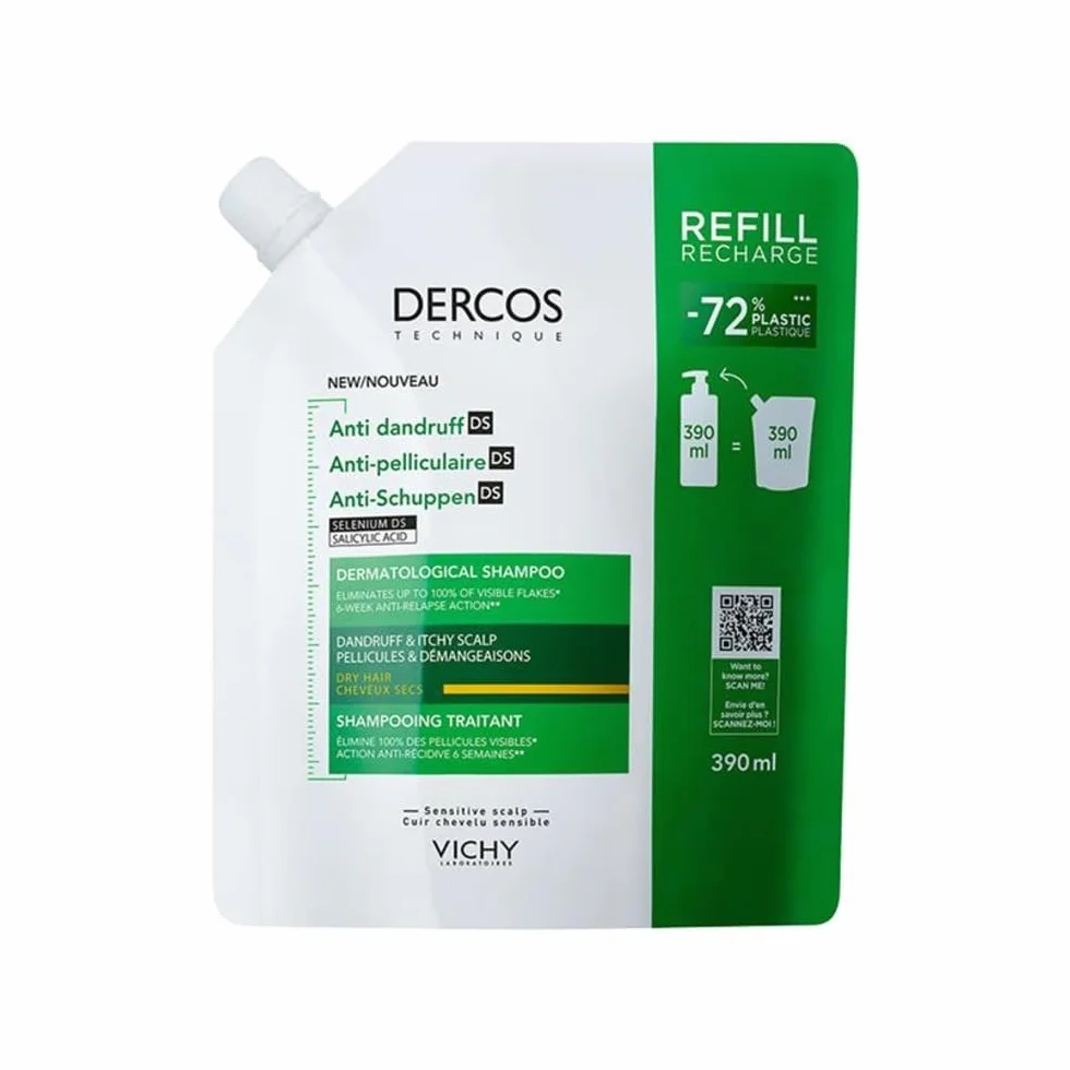Vichy Dercos Eco-Ricarica Shampoo Anti-Forfora DS per Capelli Secchi, 390 ml