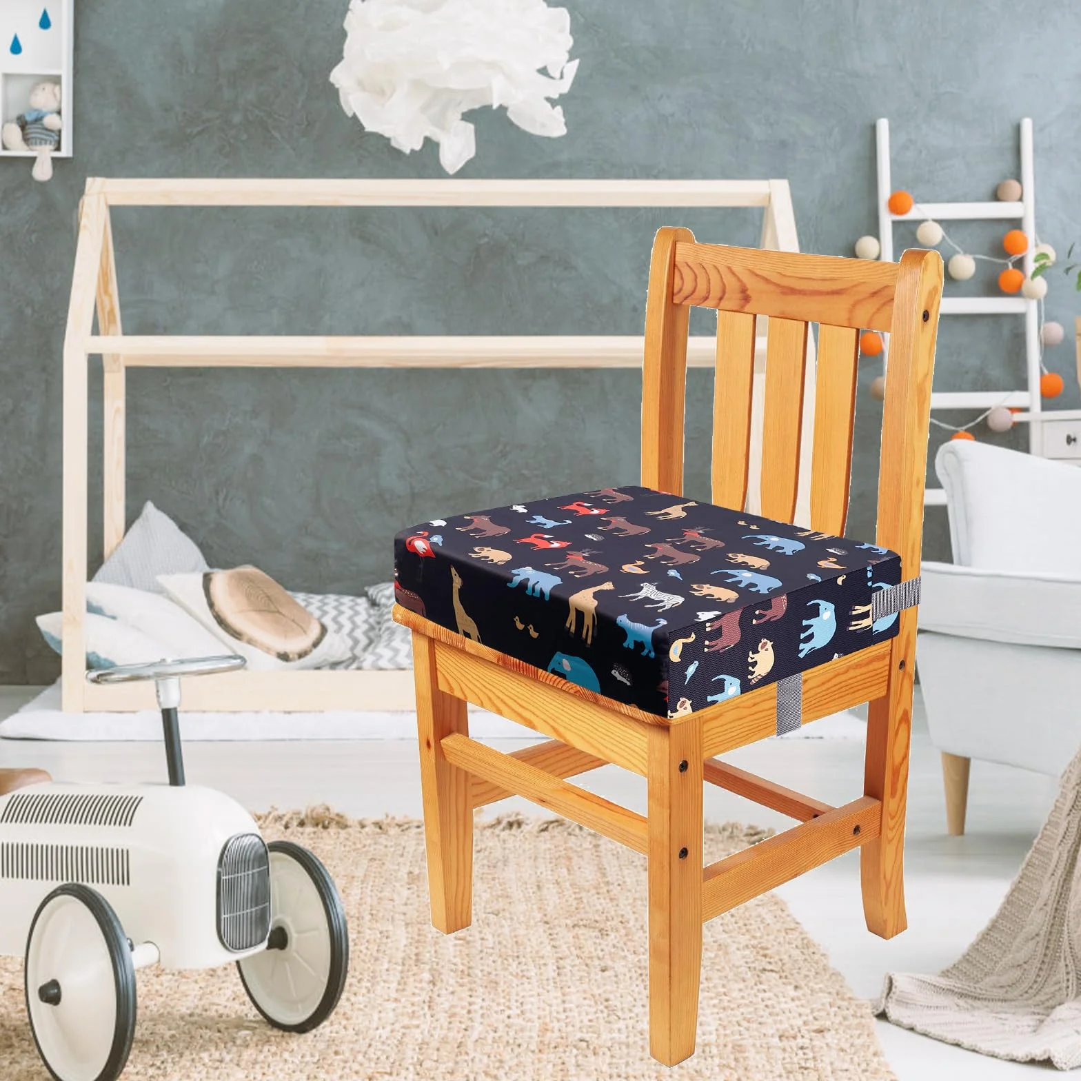 Rialzo da Sedia per Bambini 32x32x8cm Cuscino da Tavolo Cartoon con Cinghie di Sicurezza Nero