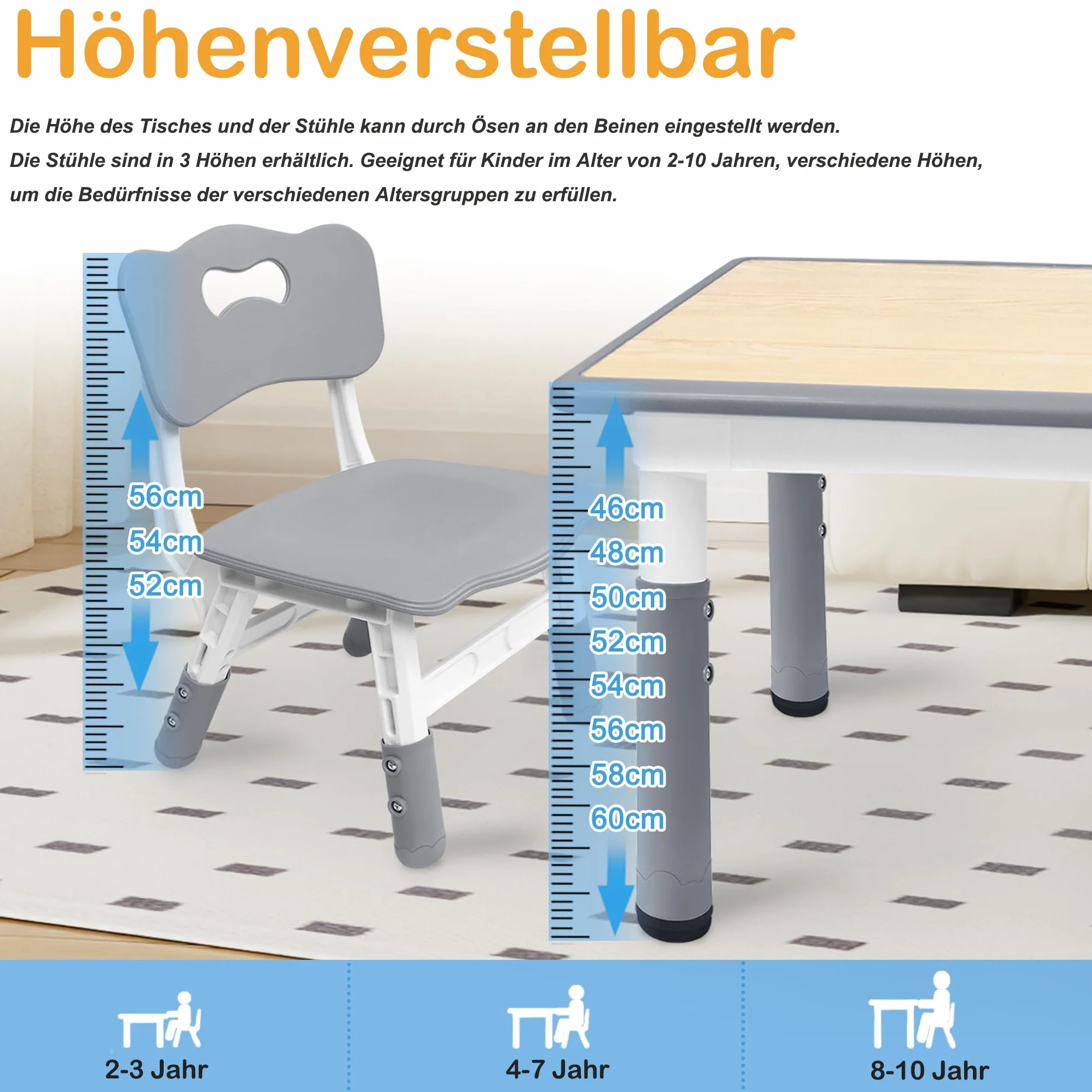 Aufun Tavolo per bambini con set di 4 sedie, dinette regolabile in altezza