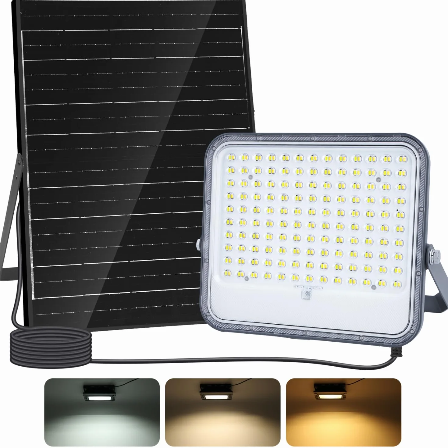 Aigostar- Faro led esterno con grande pannello solare，dimmerabile 3000/4000/6500K，16000mAH，Batteria di grande capacità，IP66，Faretto led da esterno solare con telecomando per esterno e giardino
