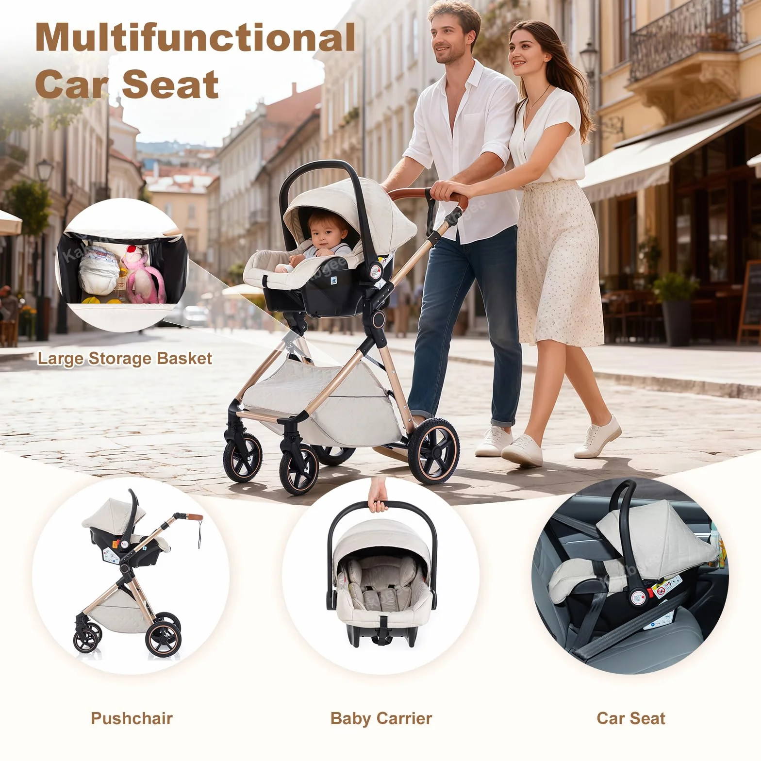 Passeggino 3 in 1 con Seggiolino Auto, Carrozzina Pieghevole, 7 Altezze Regolabili, Sospensione 4 Ruote, Nero