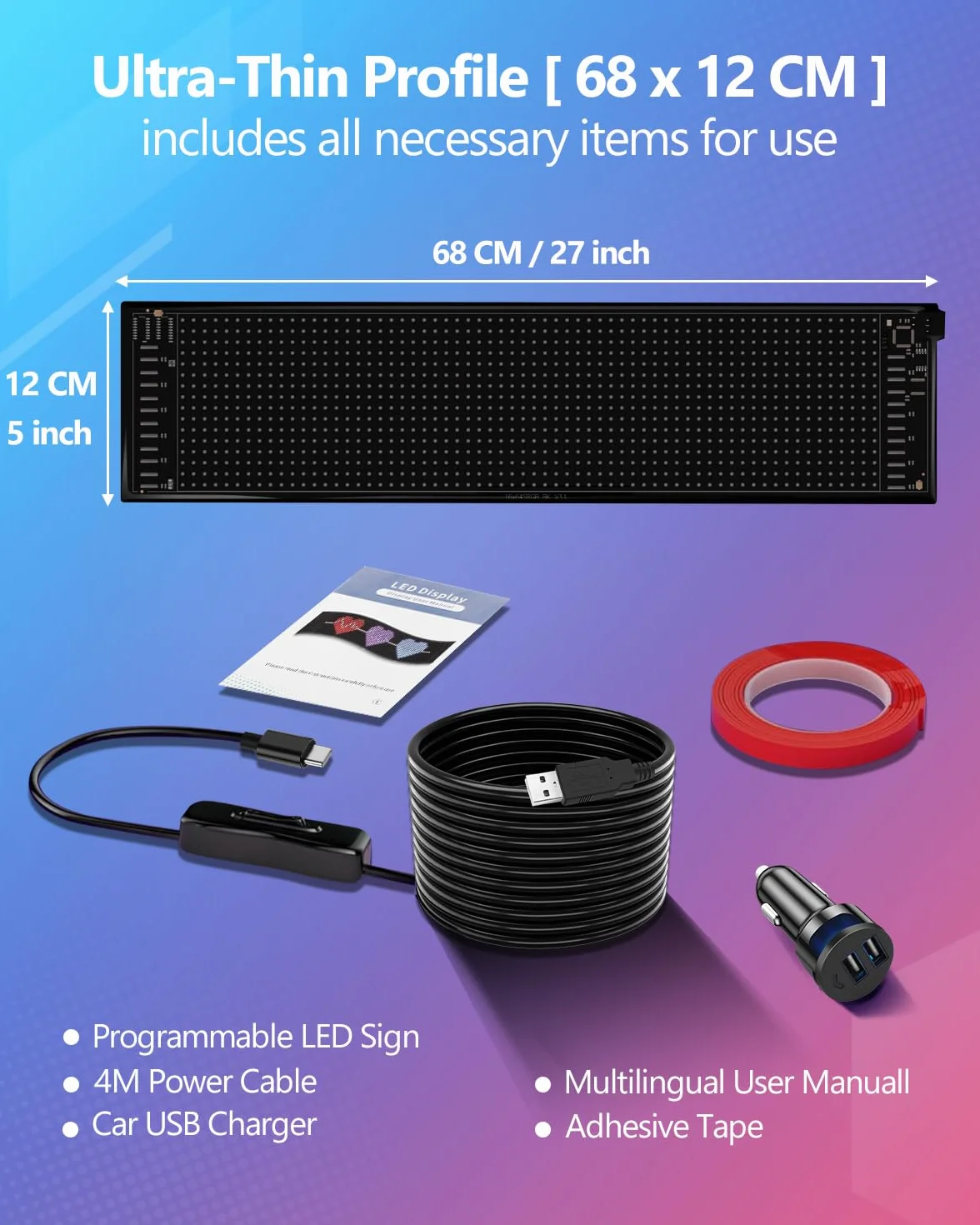 Insegna Luminosa LED Personalizzata Grande 68x12cm, Scritte Luminose per Camion e Negozio, Pannello LED Flessibile Programmabile, Schermo Scorrevole con App