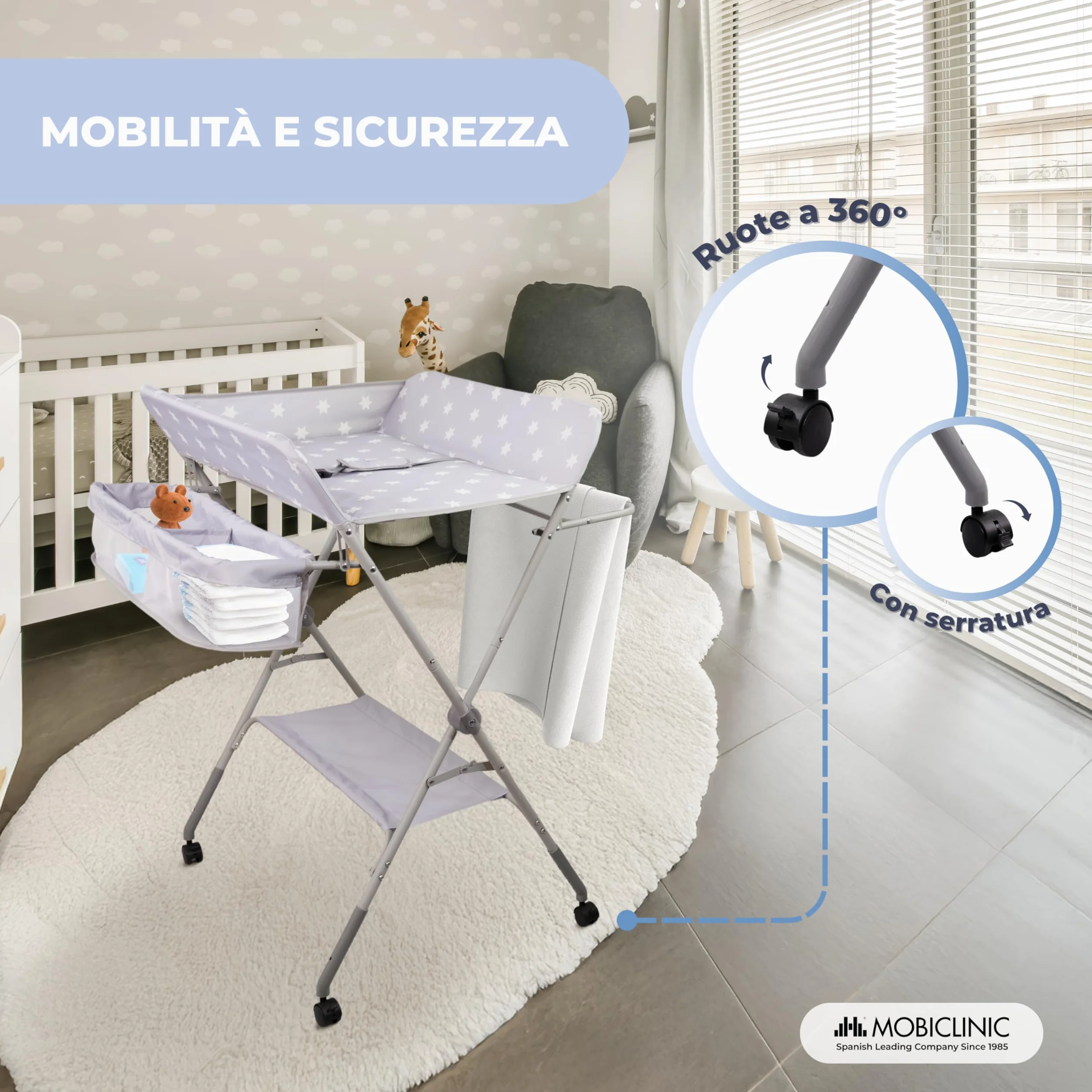 Mobiclinic Fasciatoio pieghevole per Neonati, Altezza Regolabile, Fino a 15 kg, 0-36 Mesi, Ruote a 360° Freno, Lavabile
