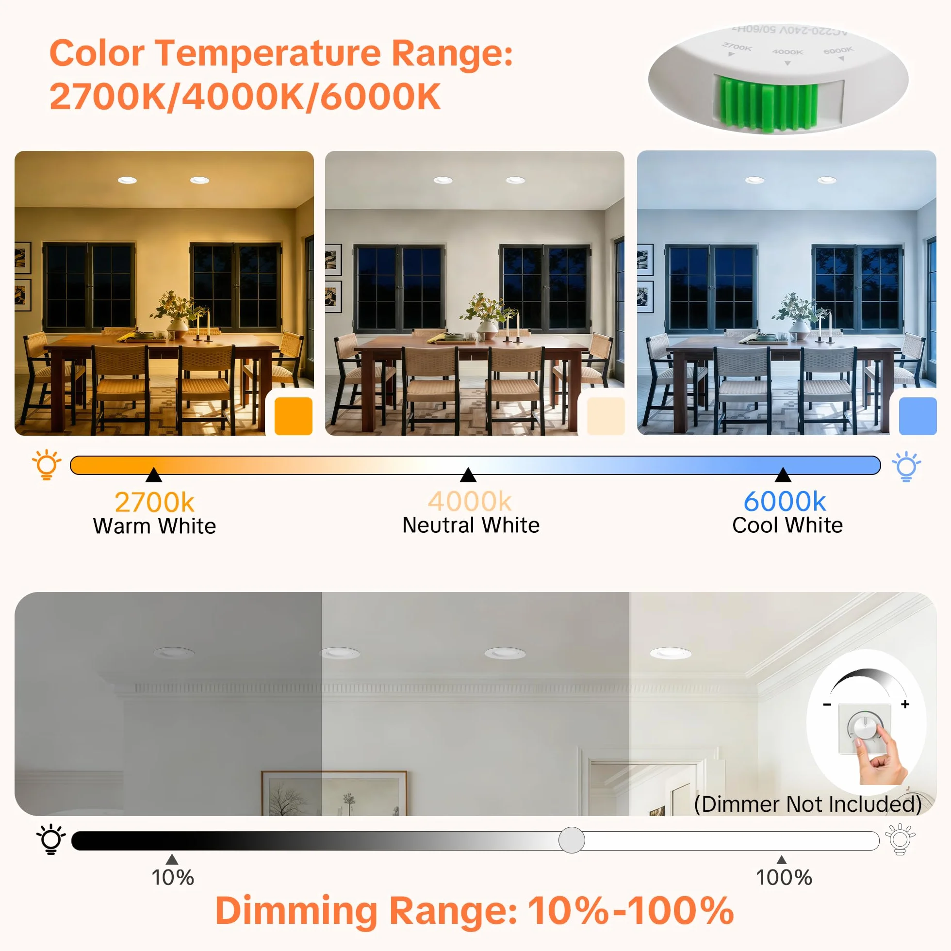 Faretti LED da Incasso per Cartongesso Dimmerabili 230V, 5W 500LM Faretto Incasso Orientabili Regolabile 3CCT, IP44 Faretti LED Soffitto Ultrasottili per Bagno, Foro Ø68-80mm, Set di 6 Bianco