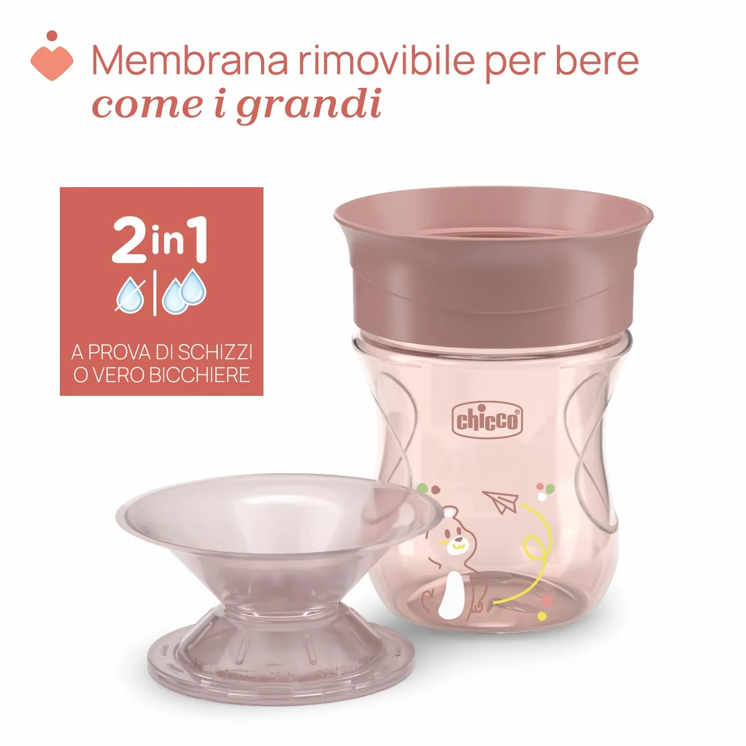 Chicco Perfect Cup Bicchiere per Bambini 200 ml, 1 Tazza Biberon 12+ Mesi, Membrana Silicone 360°, Manici Rimovibili, Senza BPA, Rosa
