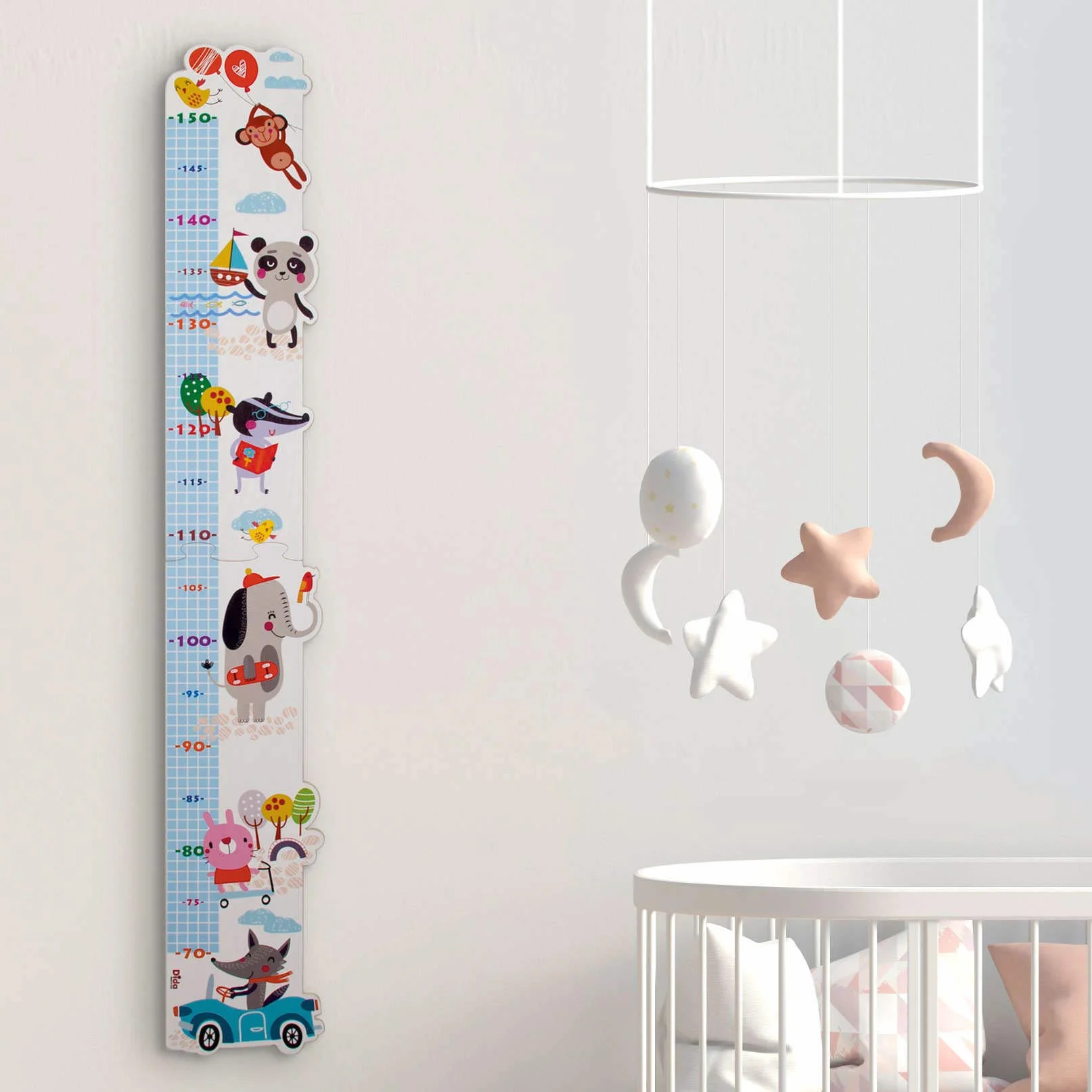 Dida Metro da Parete in Legno per Bambini con Allegri Animaletti, Grafico di Crescita fino a 150 cm, Misuratore Altezza