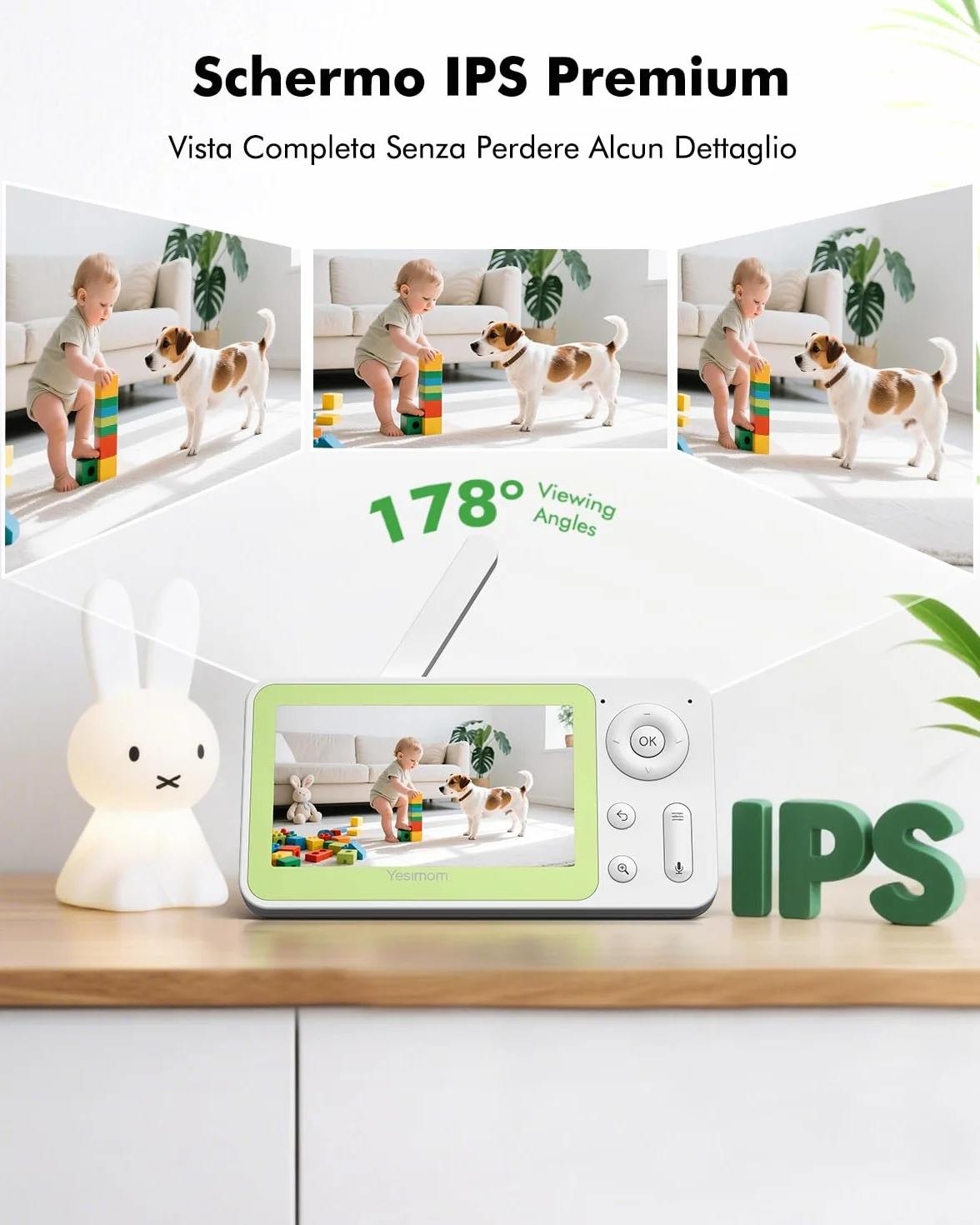 Baby Monitor WiFi 4,3" 360° PTZ Telecamera Bambini con Monitor Videocamera Neonato IPS Schermo 2500mAh Luce Notturna Controllo APP Mobile Visione Notturna Ninne Nanne