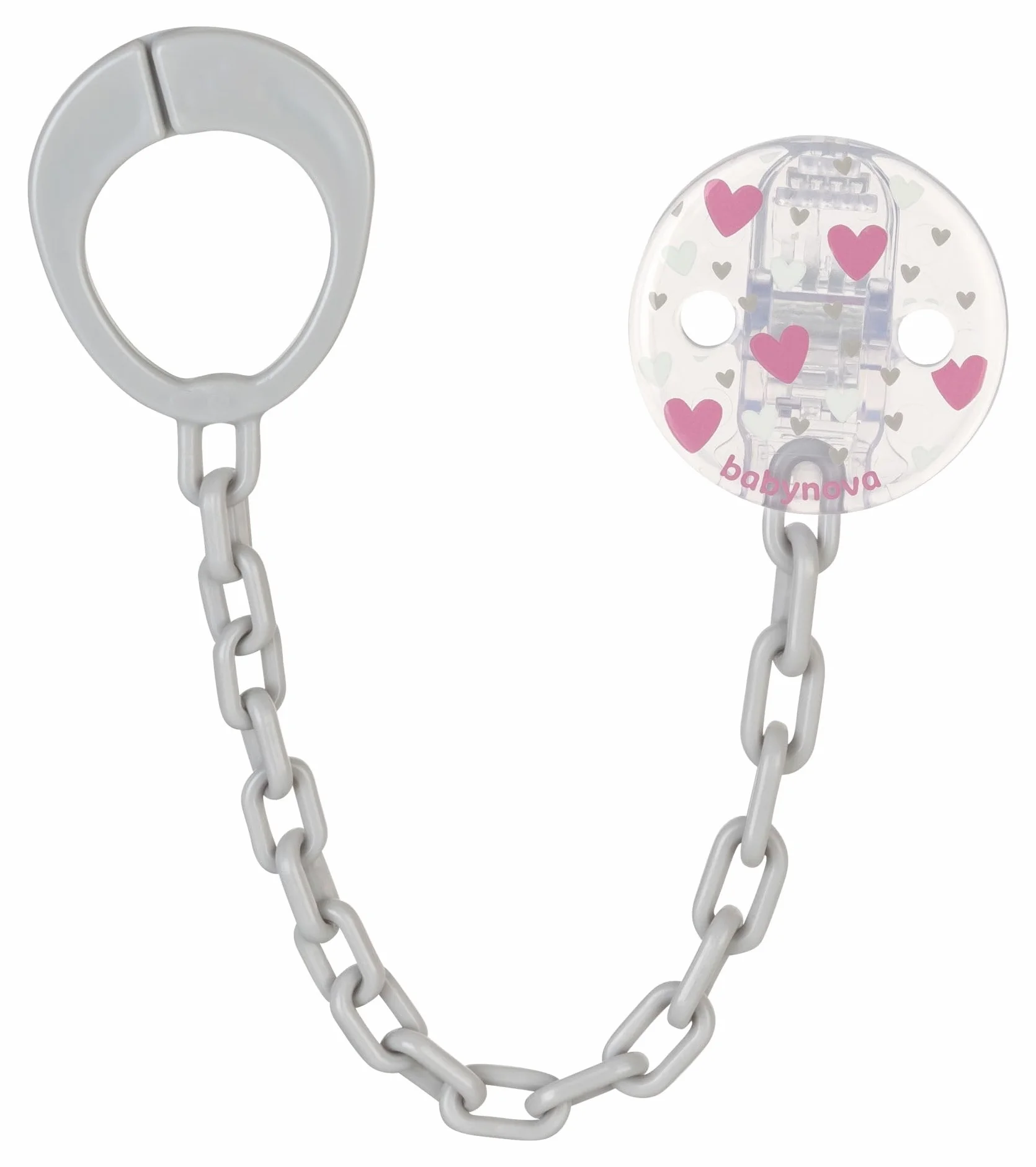 Babynova Catena per Ciuccio con Clip e Anello – Portaciuccio per Bambini – Compatibile con Ciuccio – Accessorio per Passeggino – Senza BPA – Cuori rosa